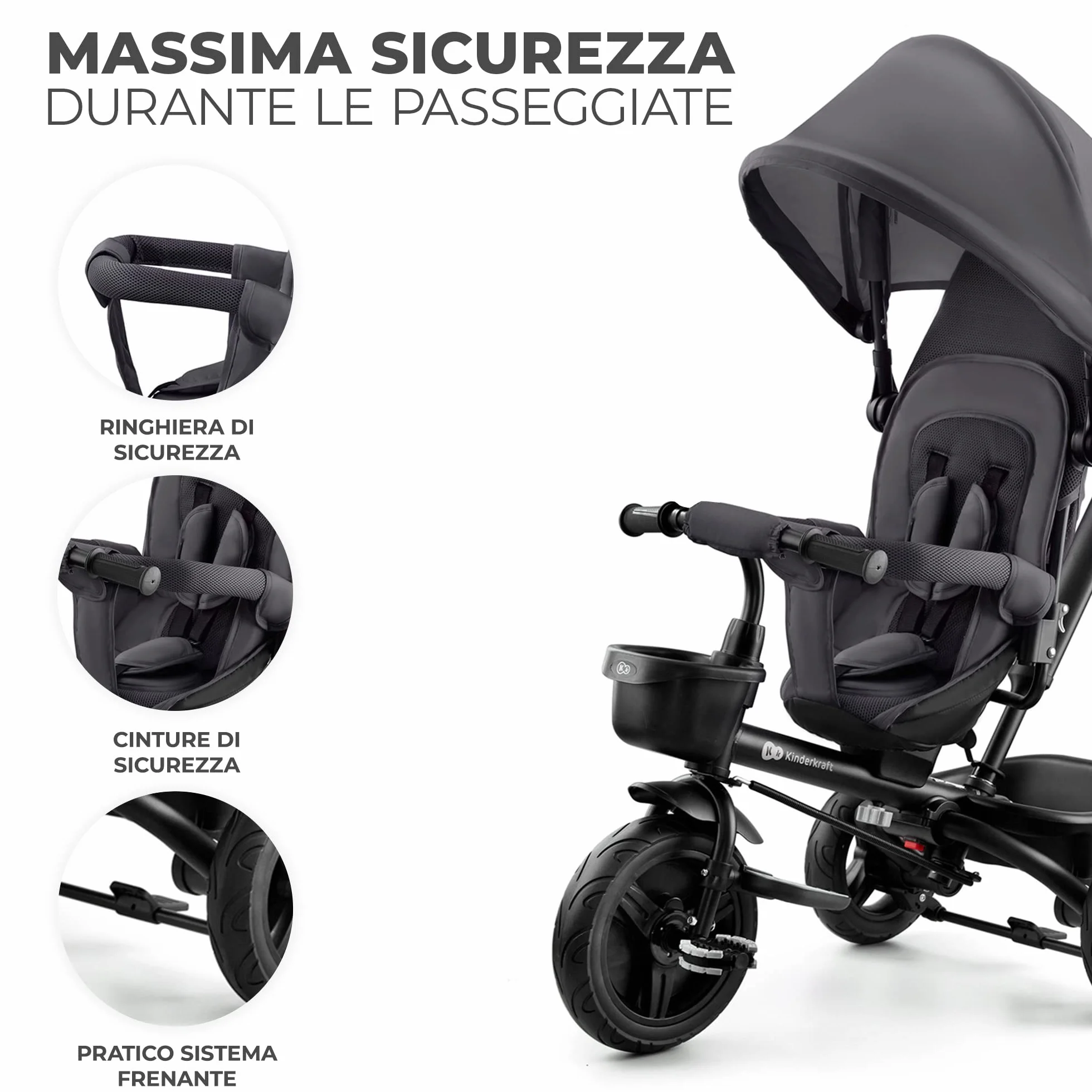 Kinderkraft AVEO Triciclo bambini dai 9 Mesi fino 25 kg, Passeggino con Maniglione del Genitore regolabile, Bici, Compatto pieghevole, Sedile girevole Fronte Mamma e Strada, Ruota libera, Grigio