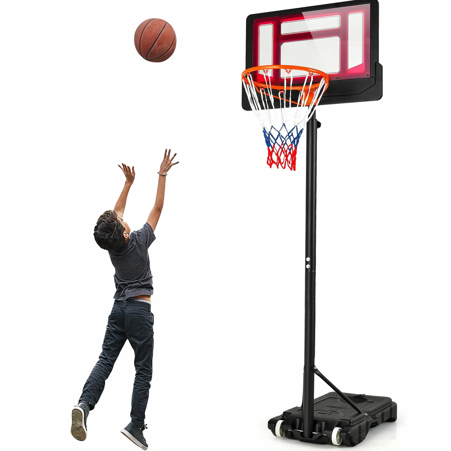 KOMFOTTEU Canestro Basket per Esterno da Pavimento, Canestro da Basket ad Altezza Regolabile 154-210 cm, Supporto da Basket con Base, Portatile con Ruote, Pallacanestro per Interno