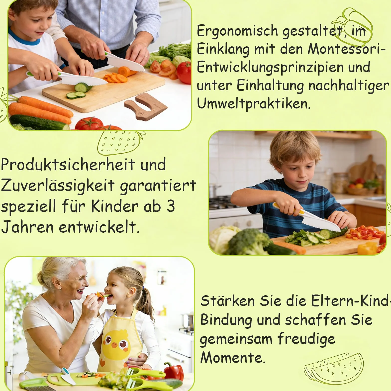 Coltello per bambini Montessori 11 pezzi, coltello da cucina sicuro dai 2 anni, con pelapatate in plastica
