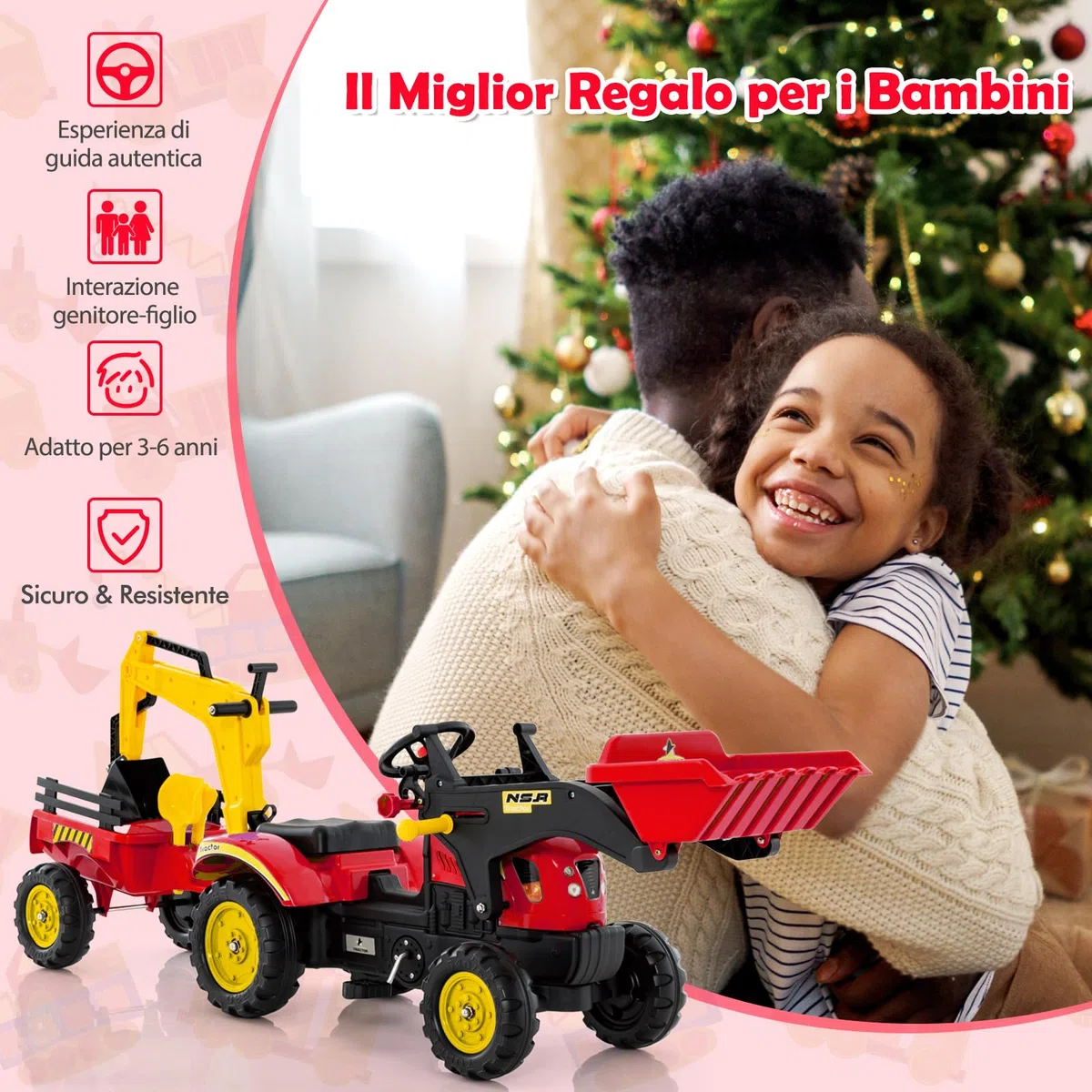 COSTWAY 3 in 1 Escavatore per Bambini, Trattore con Rimorchio Staccabile Cavalcabile, 6 Ruote, 2 Benne, Rosso