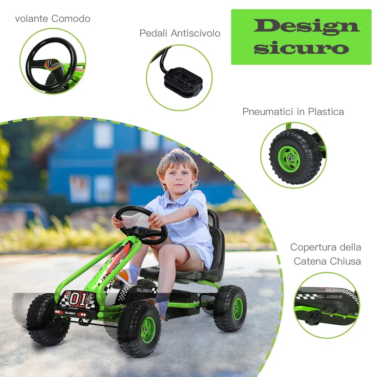 Go Kart dla Dzieci RELAX4LIFE 4 Koła, Fotelik Regulowany, Hamulec Ręczny, Zielony