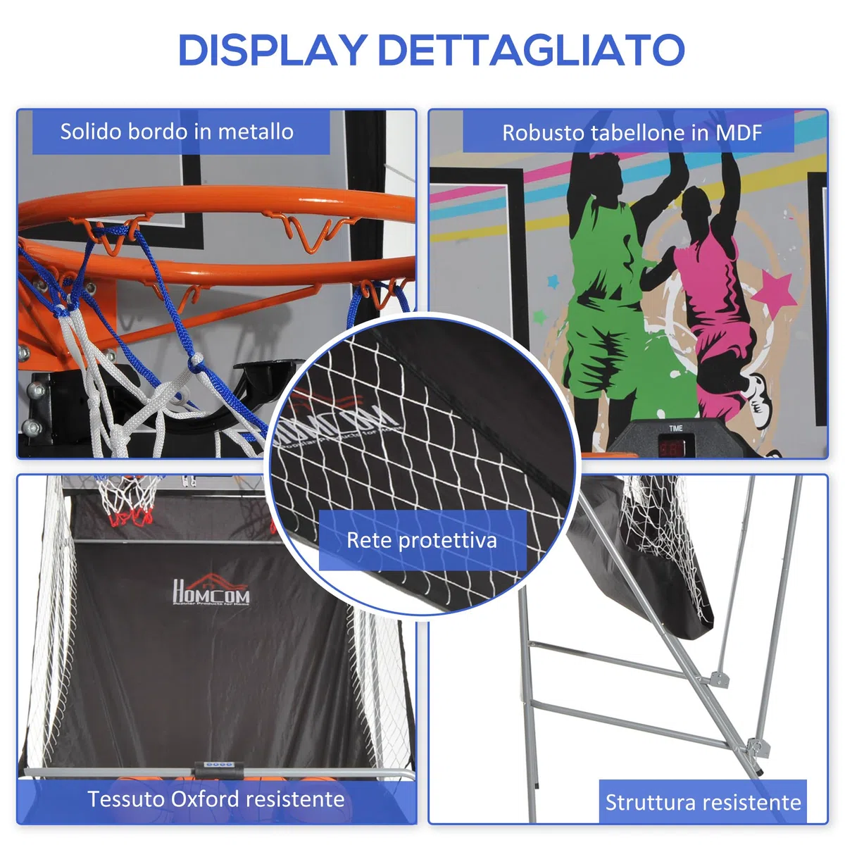 HOMCOM Canestro Basket con Tabellone LED, Pompa, 2 Canestri, 4 Palloni e 8 modalità di Gioco, Macchina da Pallacanestro Elettronica in Acciaio, Tessuto Oxford, MDF, 205x110x205 cm, Bianco e Nero