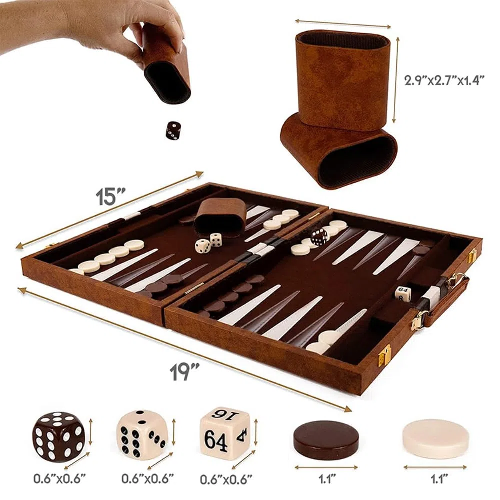 Backgammon Legno Set - Gioco da Tavolo Con Custodia in Pelle, Coppa per Dadi, Portatile e da Viaggio, 15 Pollici