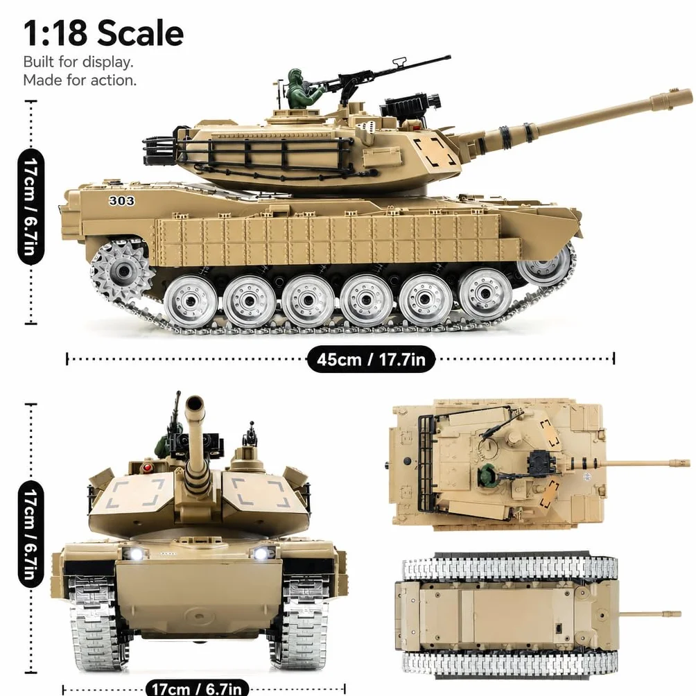 Carro Armato Telecomandato M1A2 1:18 – Cingoli Fumo Suono Luci Tiro Acqua 2.4GHz | Tank RC Giocattolo Militare Regalo Bambino 8 Anni | Kit Completo