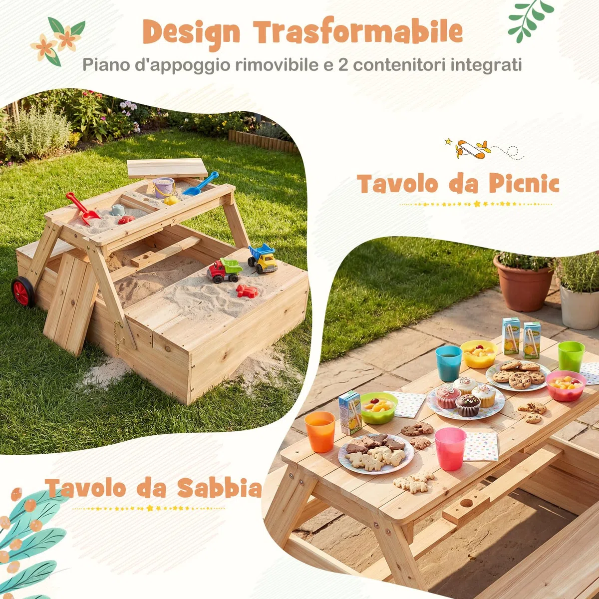 COSTWAY 3 in 1 Sabbiera in Legno, Tavolo da Picnic per Bambini Trasformabile con Panche, Ombrellone Rimovibile e Ruote, Set da Gioco per Bambini 3-5 Anni, per Esterno e Giardino