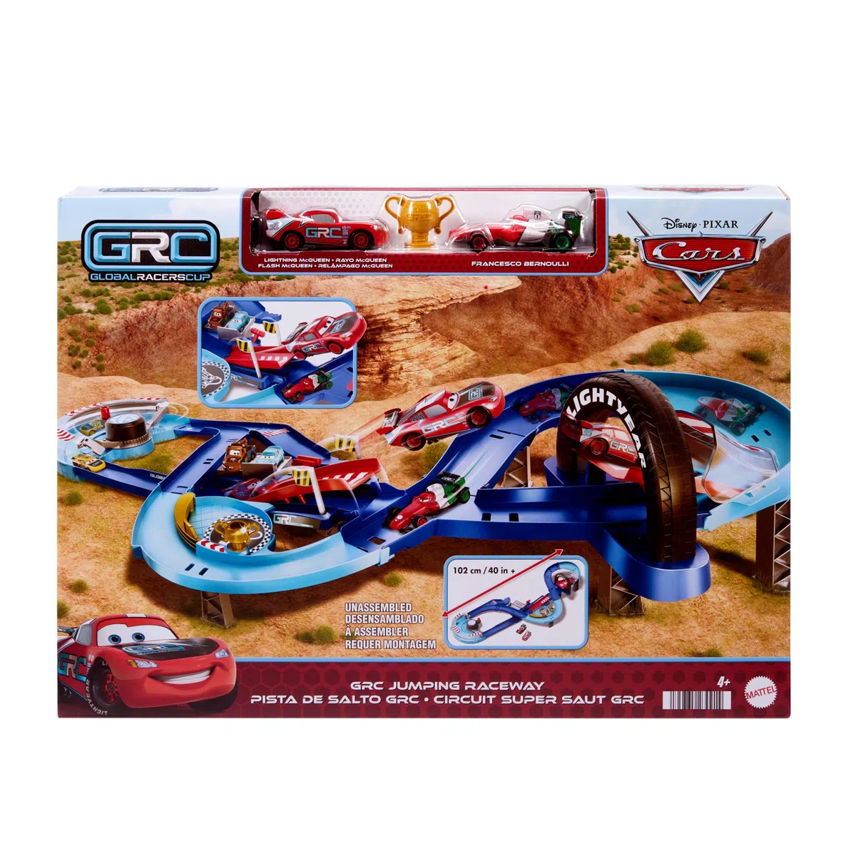 Mattel Disney Pixar Cars Pista Salti della Corsa Globale Playset z Propulsorem 2 Macchinine Saetta McQueen Francesco Bernoulli HXJ32
