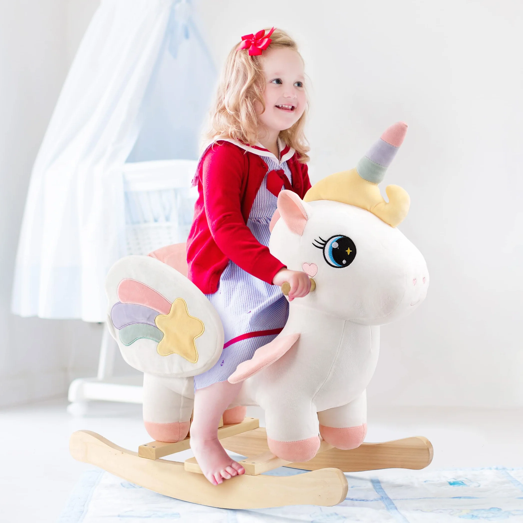 FUNLIO Cavallo a Dondolo Unicorno, Rainbow Fairy per bambini da 6 mesi a 3 anni, Cavalcabile, di Peluche, Facile da Montare