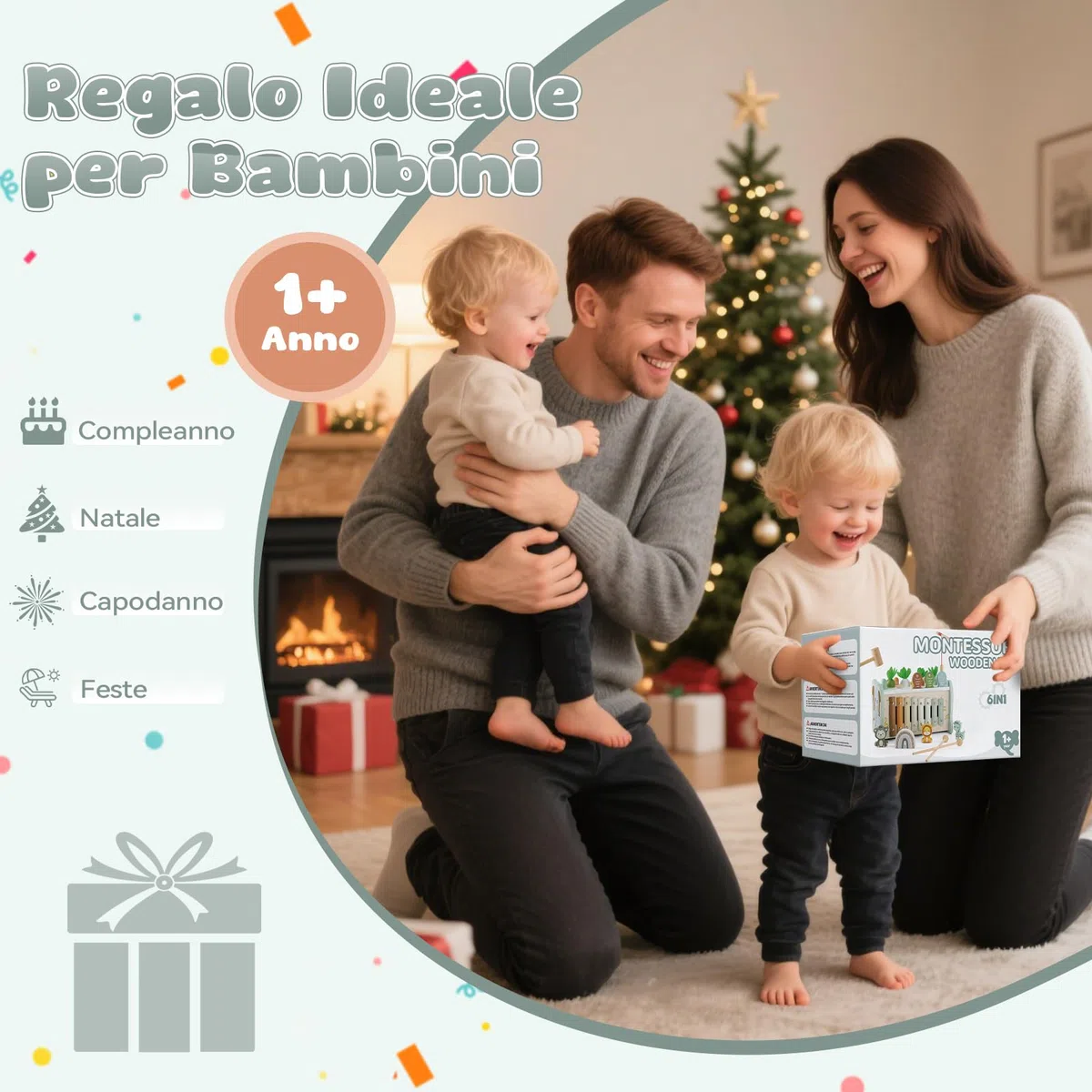 Giochi Montessori 1 Anno, Giocattoli Legno 6 in 1 con Acchiappa Talpa, Pesca, Xilofono per Bambini 1-3 Anni