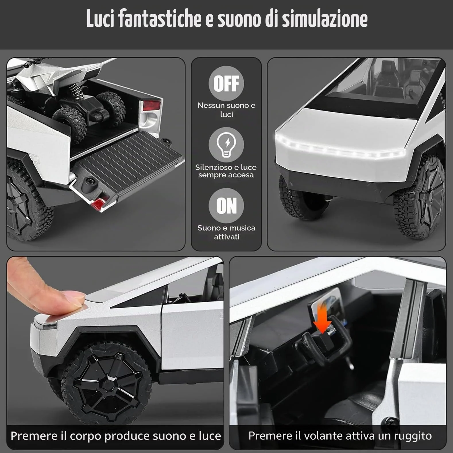 Tesla Truck Modellino 1:24, Macchinina Truck, kit Modello di Camper con Luce e Musica, Funzione Pull-Back, Lega Pressofusa, Ideale per Bambini dai 3 Anni e Collezionisti (Argento)