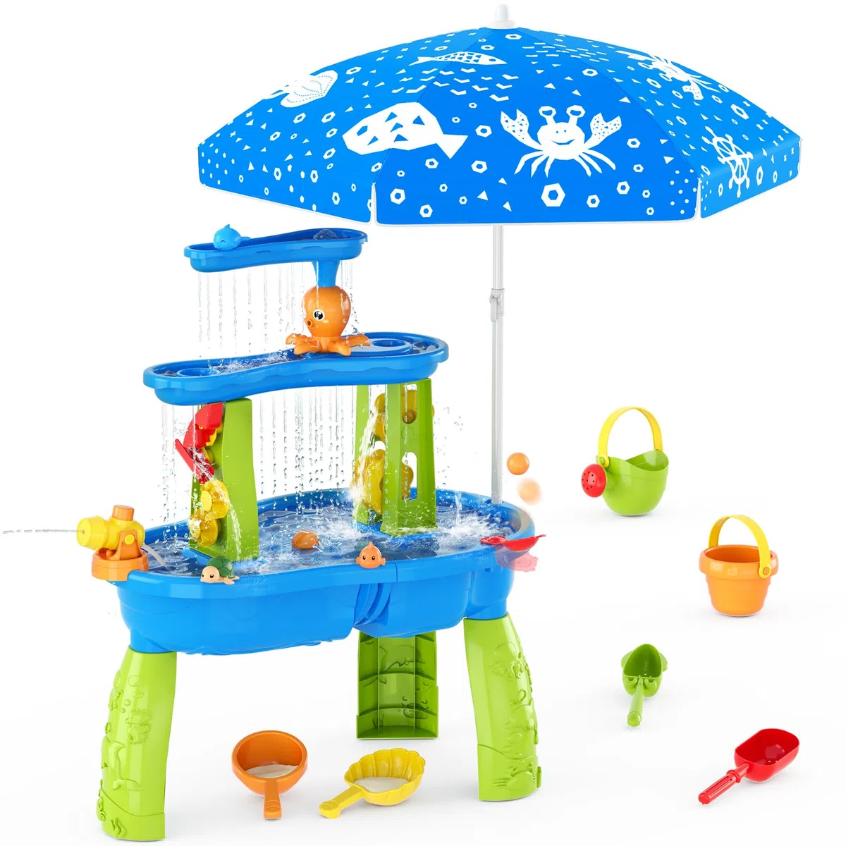 HYES Tavolo Acqua per Bambini, 3-Tier Tavolo Sabbia Acqua Giocattoli con Ombrello, Pioggia Docce Spruzzo Stagno per Cortile Estate, Giocattolo da Spiaggia Esterno per Ragazzi Ragazze, Blu