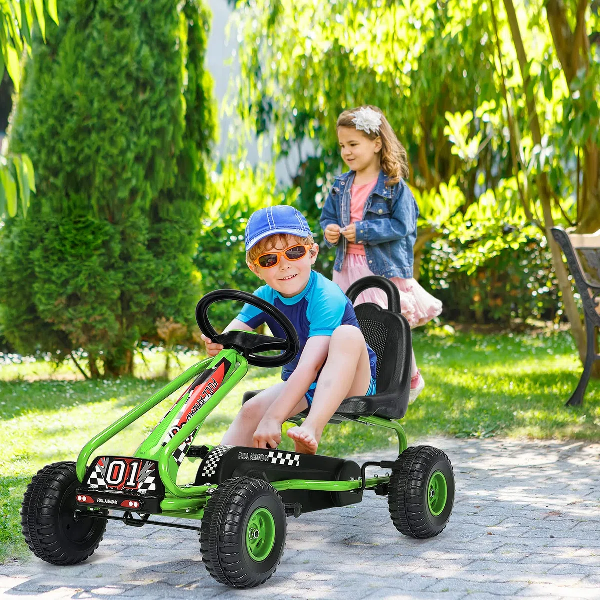 Go Kart dla Dzieci RELAX4LIFE 4 Koła, Fotelik Regulowany, Hamulec Ręczny, Zielony
