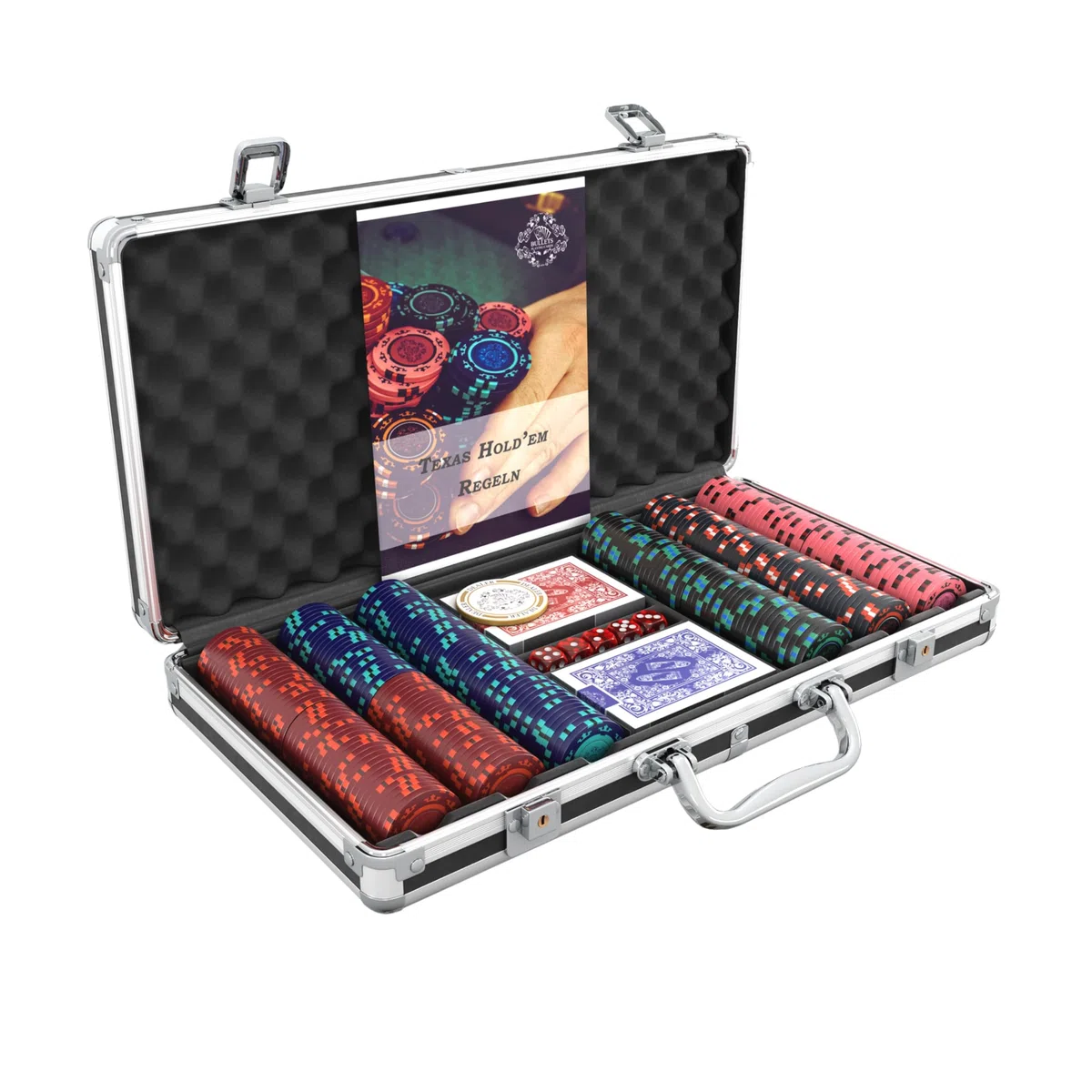 Bullets Playing Cards - Valigetta da poker Corrado – Set da poker con 300 chip da poker Clay senza valori – con pulsante di dealer in ceramica, confezione doppia di carte da poker