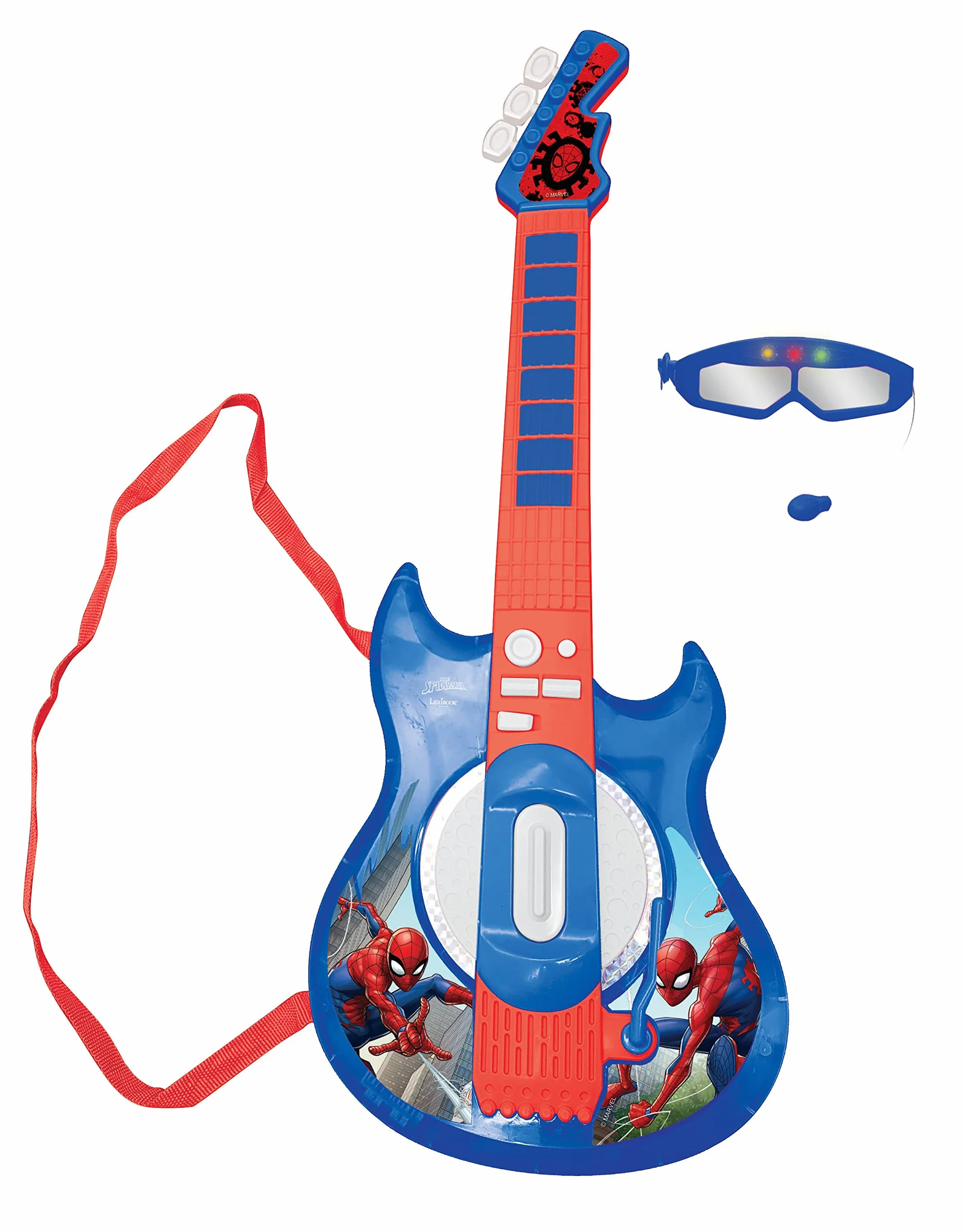 Lexibook, Spider-Man, Chitarra elettrica con microfono, Occhiali con microfono, Canzoni demo, 2 modalità di gioco, Plug per MP3, blu/rosso, K260SP