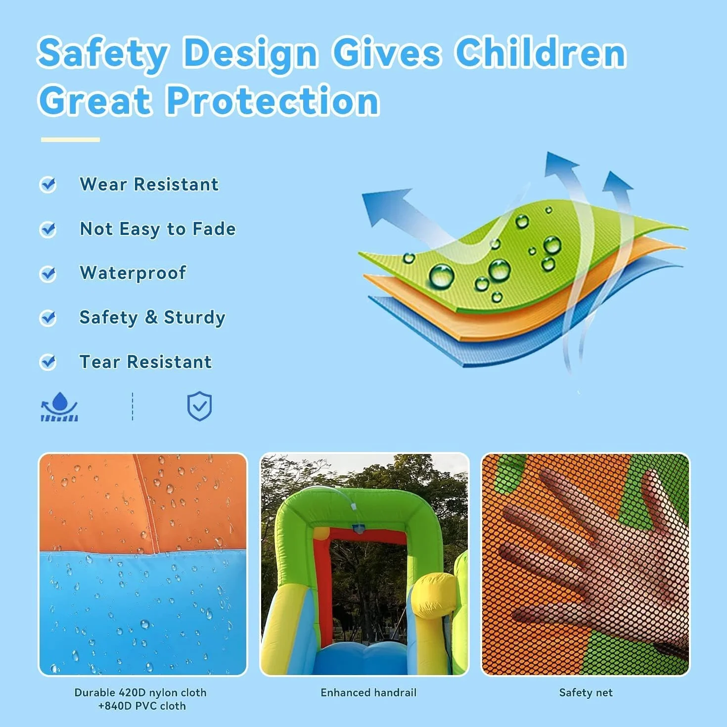 Castello Gonfiabile per Bambini, Parco Acquatico a Secco/Scivolo per Interno Outdoor, Castello Gonfiabile Gigante con Piscina Parete Arrampicata Trampolino, Fino a 4 bambini/140KG, 425 x 355 x 215 cm