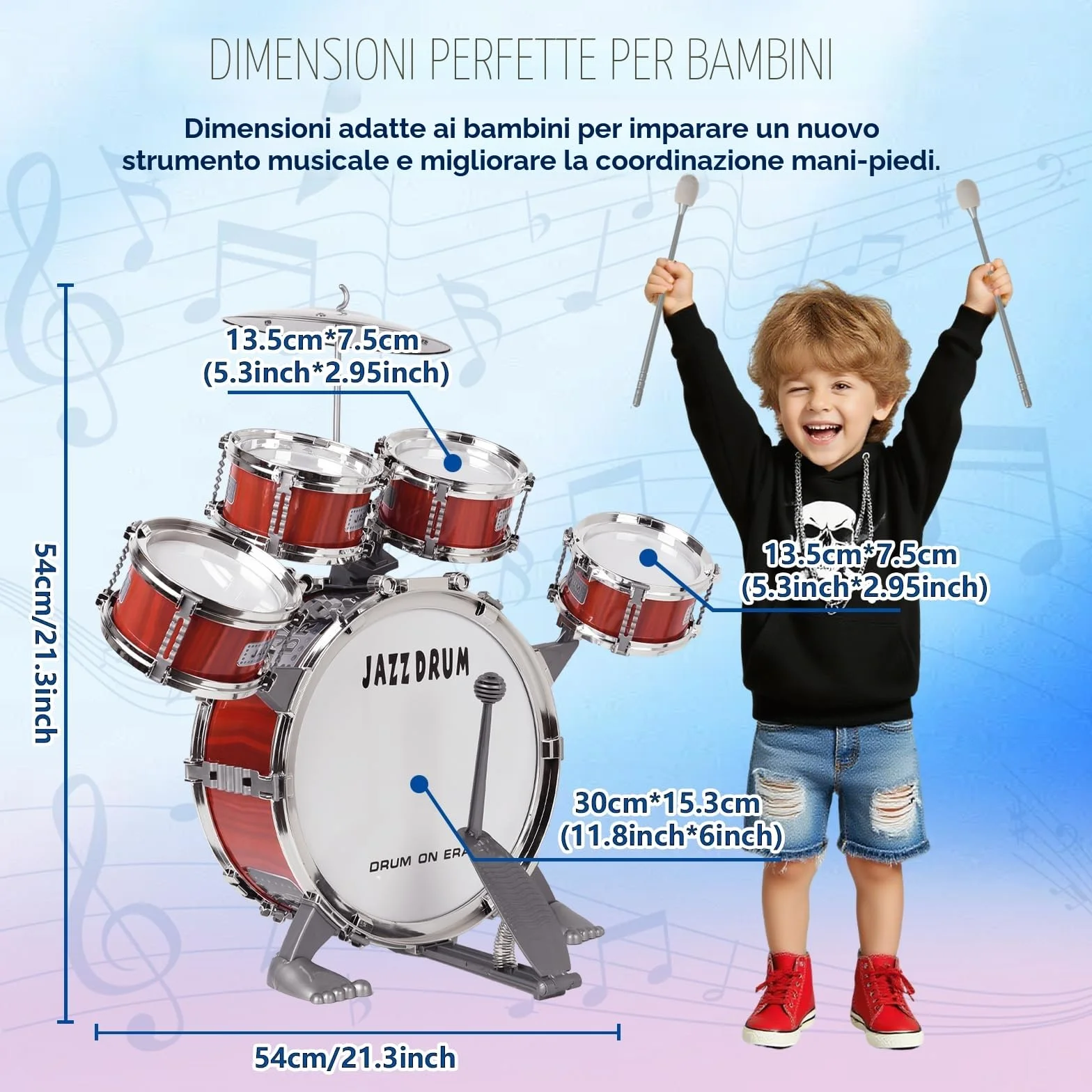 m zimoon Kit Batteria Jazz Per Bambini, 5 Tamburi Con Sgabello Pedale E Bacchette Per Principianti Strumento Musicale Percussione Giocattolo Vacanze Compleanno Regalo Educativo Per Ragazzi E Ragazze