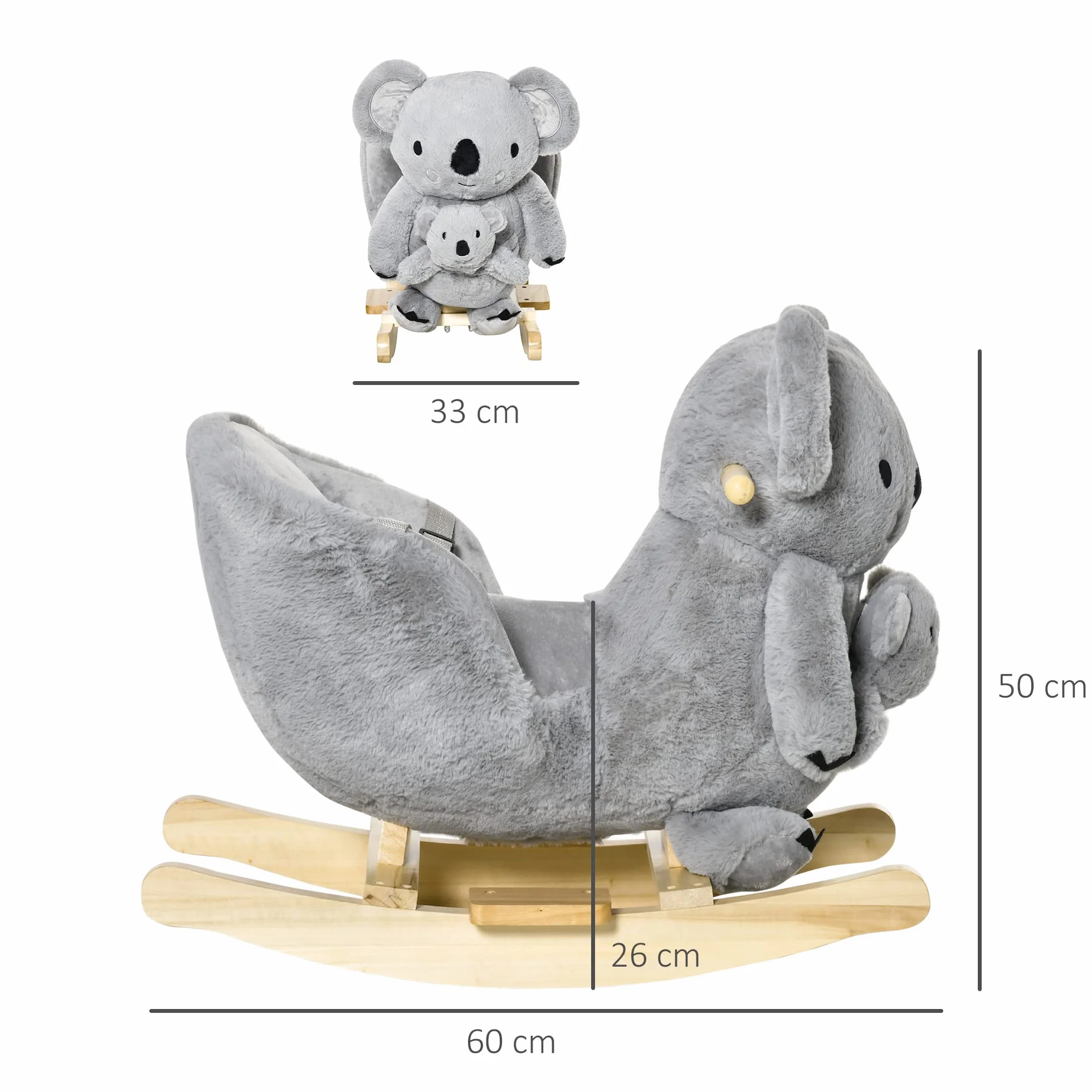 HOMCOM Cavallo a Dondolo Koala in Peluche Imbottita con Suoni, Cintura di sicurezza e Base in Legno, 60x33x50cm, Grigio