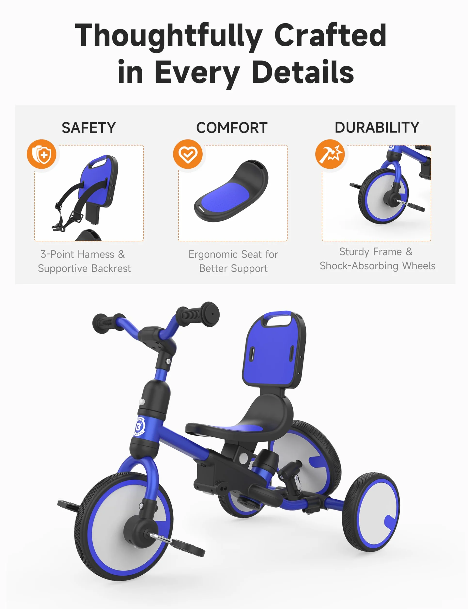 Besrey Triciclo Bambini 5 in 1 – Triciclo Evolutivo con Maniglione e Ruota di Scorta, Bici Senza Pedali per Bambini da 18 Mesi Dotato di Schienale e Cintura, Regalo Compleanno per Bambini (Blu scuro)