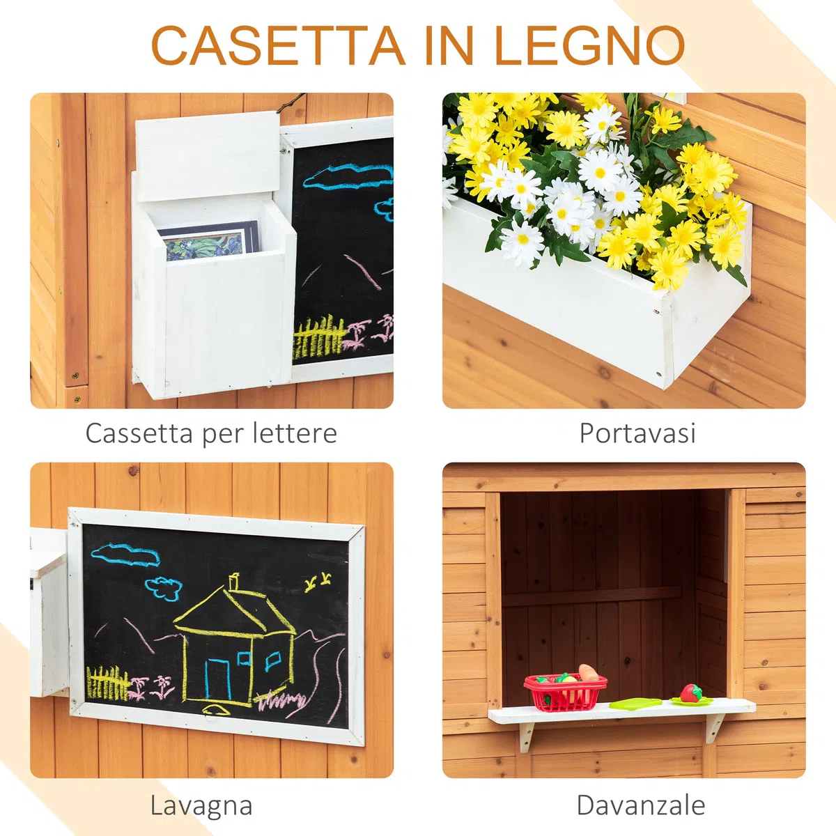 Outsunny Casetta per Bambini in Legno 122x108x135.5cm Gialla con Porta Finestre Panca Portavasi