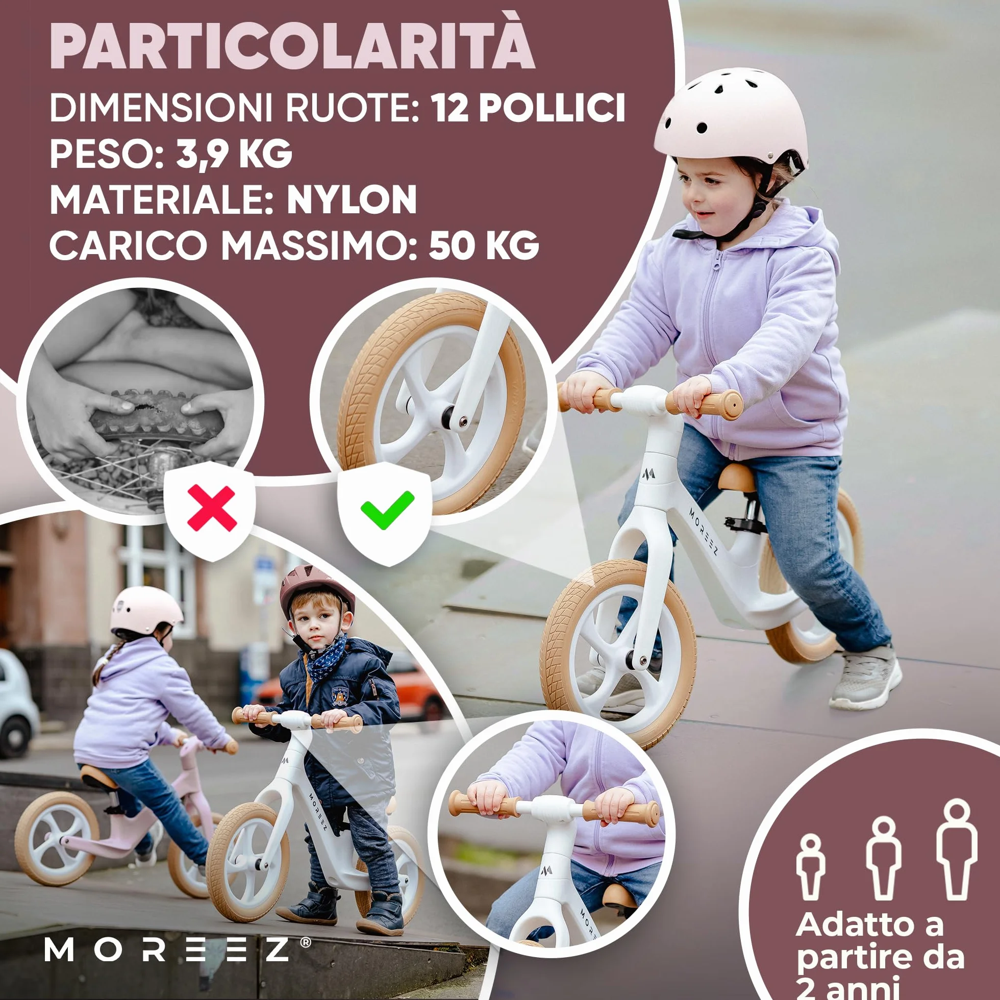 MOREEZ Bicicletta da 2 anni [2-5 anni] ultraleggera per bambini con protezione anticaduta, seduta ergonomica, ruote da 50 kg, poggiapiedi antiscivolo, altezza regolabile