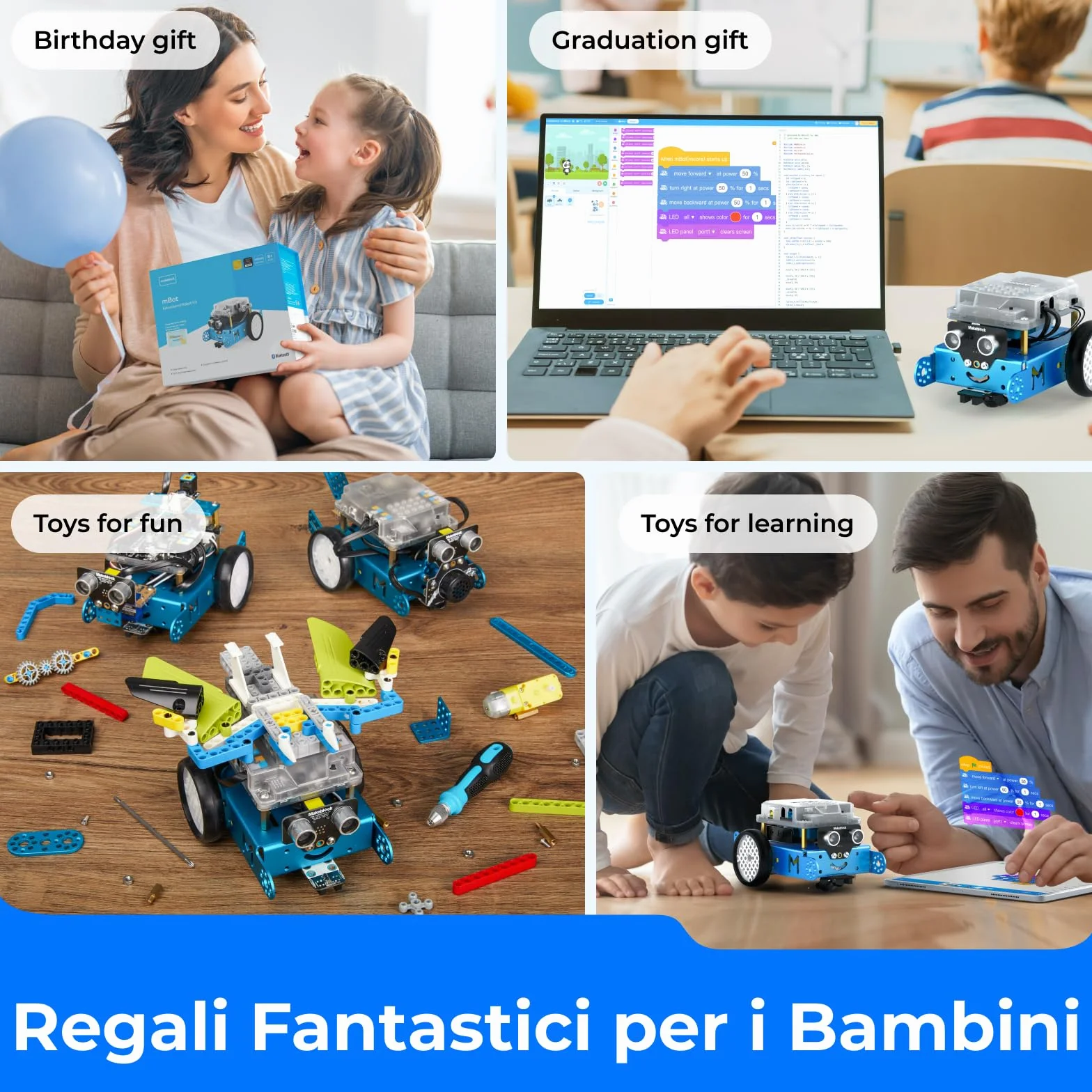 Makeblock mBot Robot Programmabile, STEM Giocattolo Compatibile con Programmazione Scratch / Arduino, Regali per Bambini Fonction Rileva Ostacoli, Segui linea, Robot di Codifica Robotico Kit - Blu