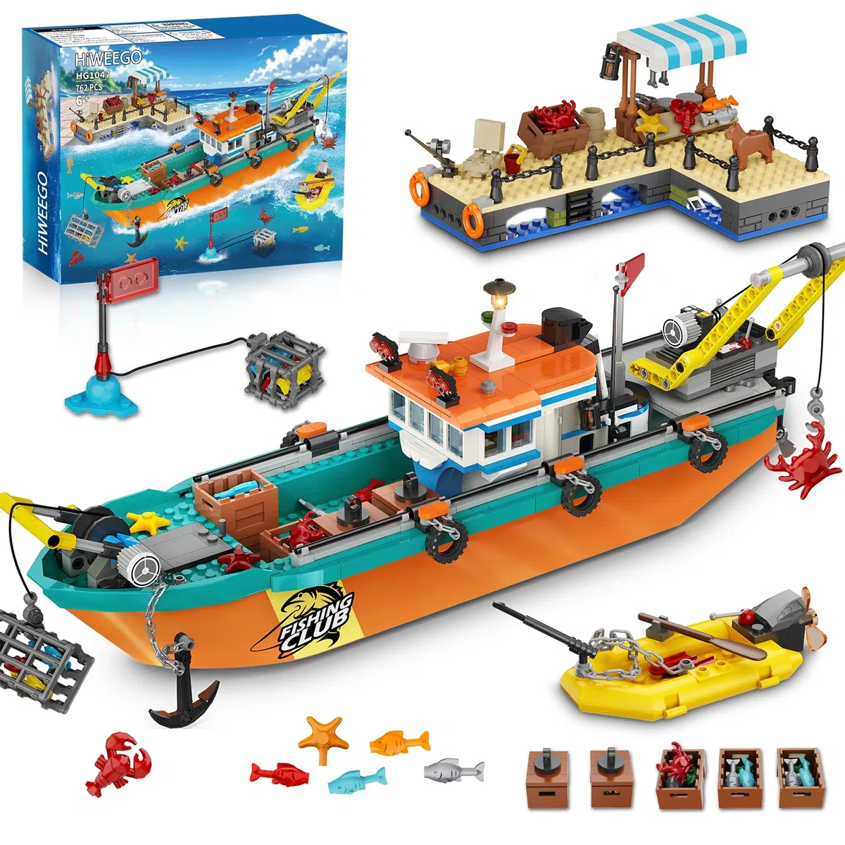 HiWEEGO Città barca da pesca cantiere navale – kit costruzione galleggiante oceano gru container, giocattolo regalo compleanno 6 7 8+