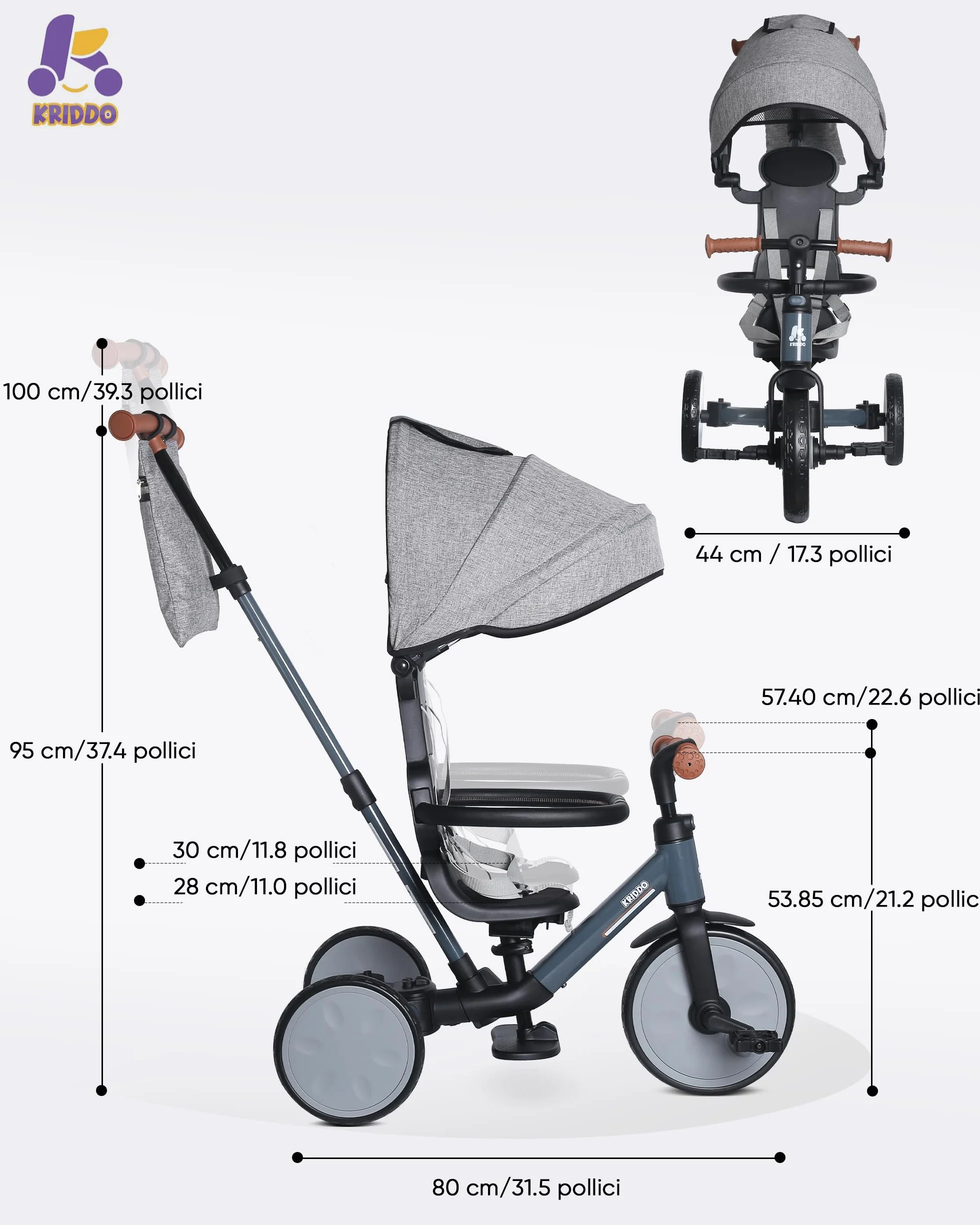 KRIDDO Triciclo evolutivo 8 in 1 per bambini 18 mesi-5 anni, Triciclo passeggino con maniglione, triciclo e bici senza pedali, cintura a 5 punti, cappottina pieghevole e borsa portaoggetti, Grigio