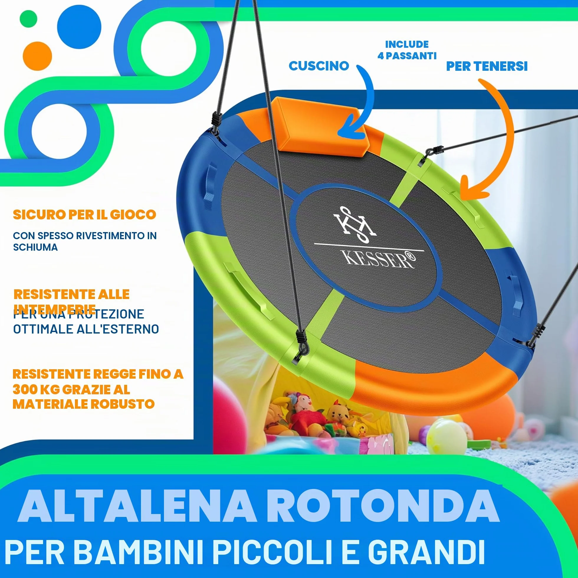 KESSER® Altalena a Rete Rotonda Regolabile per Bambini e Adulti, 120 cm, Multicolore