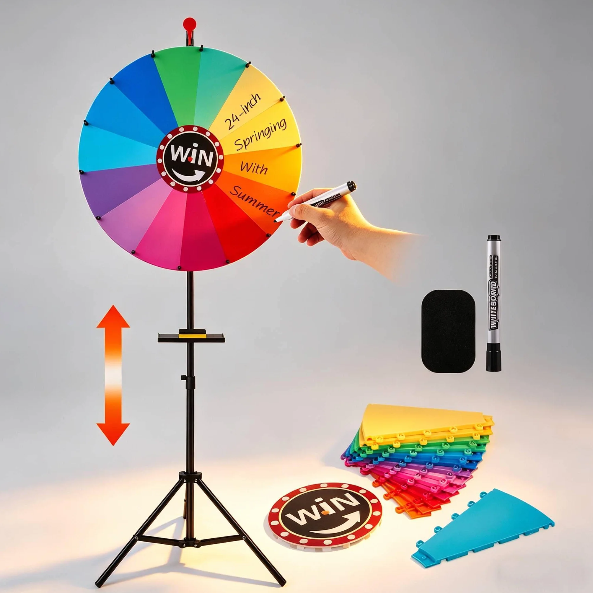 Ruota della Fortuna (61 cm) con 14 Colori E Supporto Regolabile in Altezza (110-160 cm), Ruota della Fortuna Acquista con Pennarello E Gomma, Ruota Girevole per Feste, Pub, Fiere E Mercati