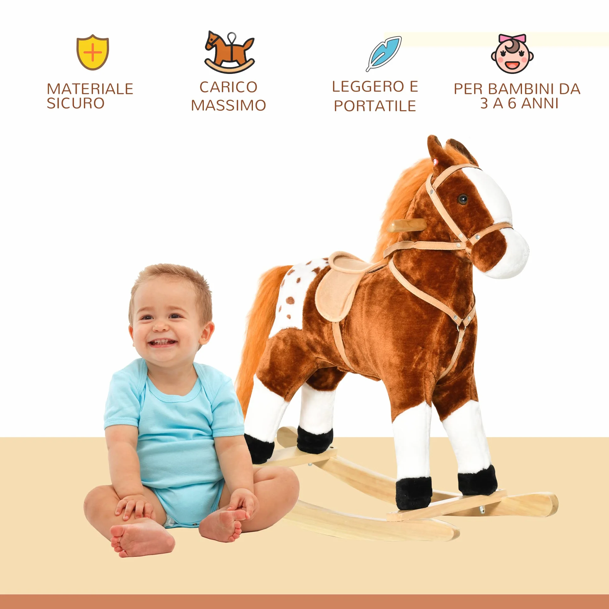 HOMCOM Cavallo a Dondolo in Legno con Suono Animale Regalo Giocattolo per i Bambini, 74 x 28 x 65 cm, Marrone