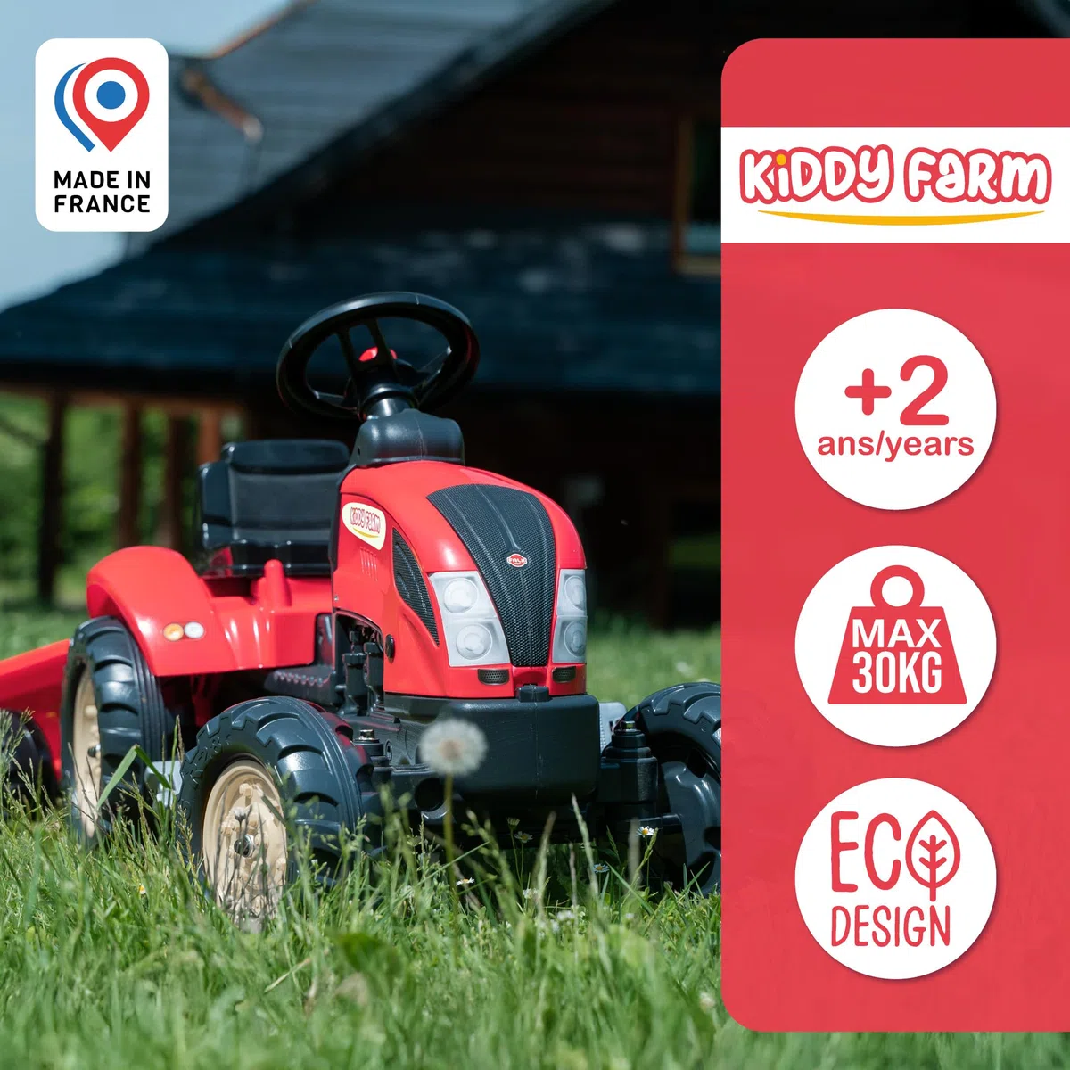 FALK Trattore a pedali Kiddy Farm Rosso con rimorchio Made in France 2158L