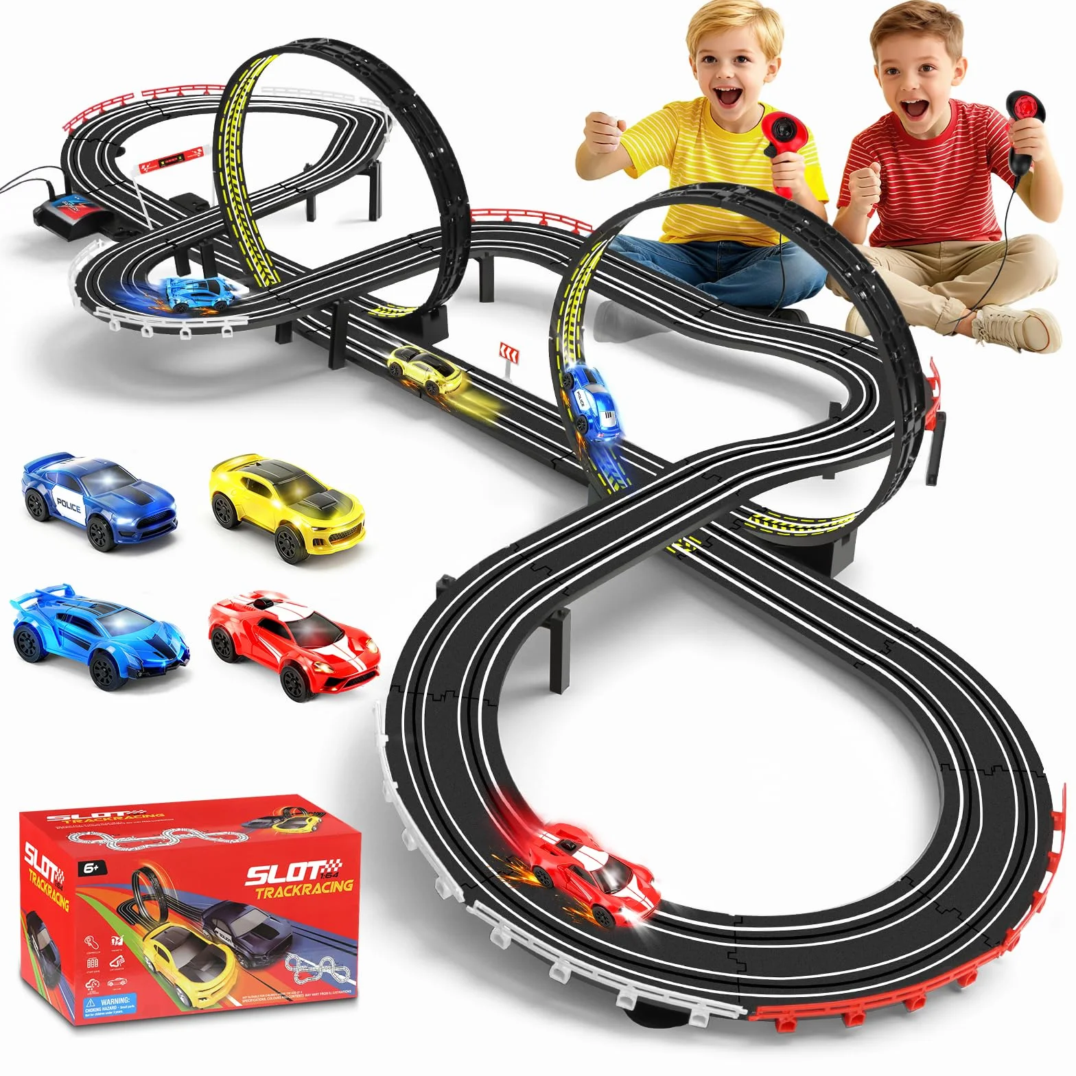 JONRRYIN Piste Corsa Elettriche, 1:64 Pista Macchine Telecomandate Extra-Lungo Piste Auto - 4 Led Macchine, USB, Comandi, Contatore, Passaggio A 360°, Giocattoli Regali Piste Corsa Bambini 3+ Anni