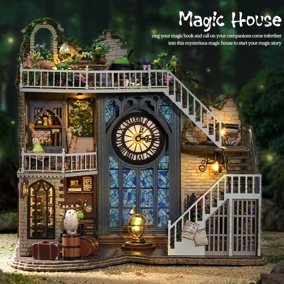 CUTEBEE Casa delle bambole in miniatura con mobili, kit fai da te per casa delle bambole più copertura antipolvere scala 1:24 stanza creativa per San Valentino idea regalo (Magic House))