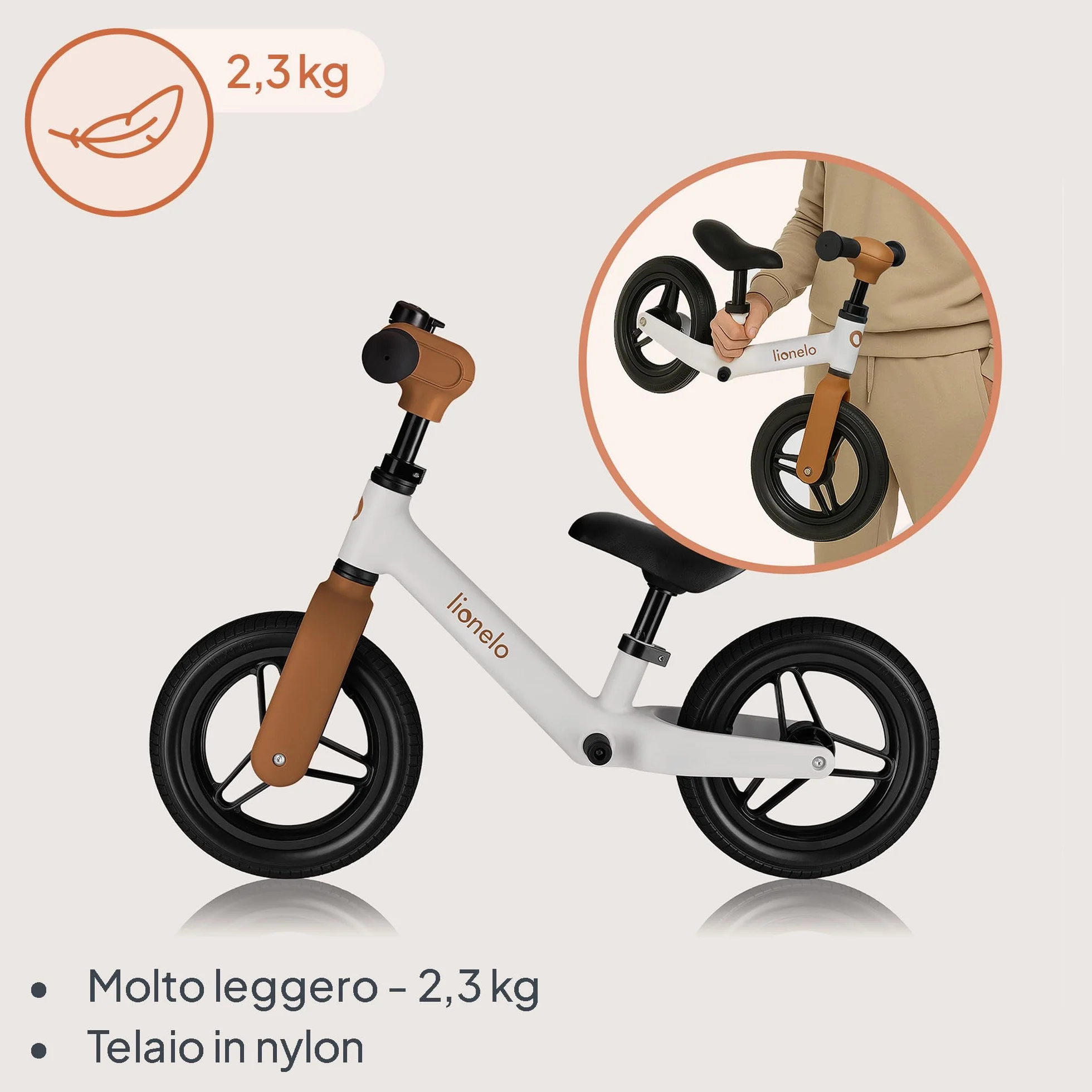 lionelo Bicicletta Senza Pedali TONI Per Bambini da 18 mesi a 30kg Ruote in Gomma PU da 25cm Poggiapiedi Cestino Sella e Manubrio Regolabili Impugnatura Antiscivolo Leggero Campanello