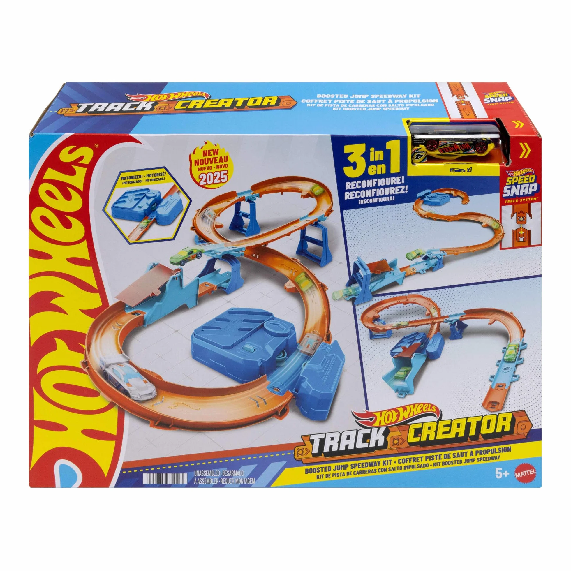 Hot Wheels - Boosted Jump Speedway, set pista con box deluxe da costruire e booster motorizzato, macchinina in scala 1:64 inclusa, giocattolo per bambini, 5+ anni, JDB49