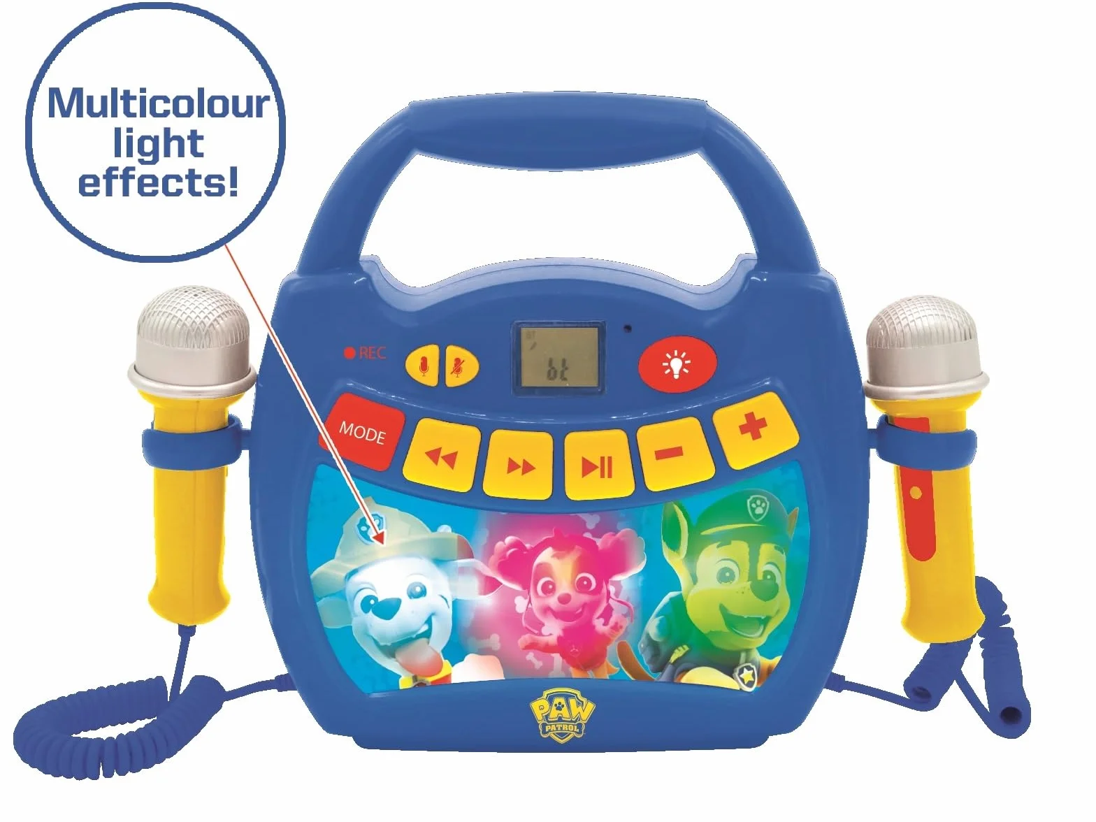 Lexibook – Paw Patrol - Lettore Musicale Karaoke Portatile per Bambini - Microfoni, Effetti di Luce, Bluetooth, Blu/Rosso, MP320PAZLXB