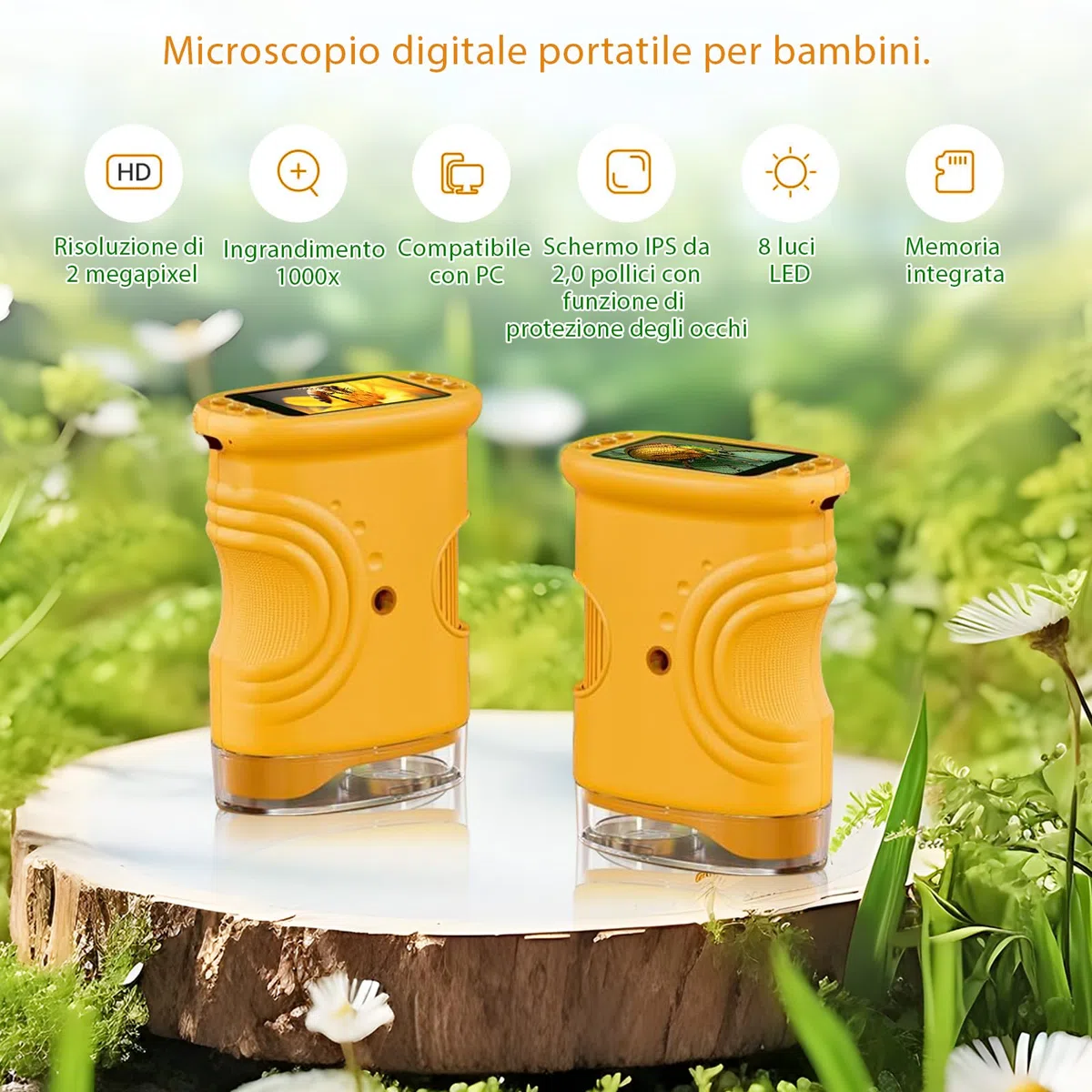 Microscopio digitale per bambini, ingrandimento 1000X con schermo IPS da 2,0", ricaricabile tramite USB e portatile, 8 luci LED, per uso esterno, arancione, regali per bambini dai TRE anni in su.