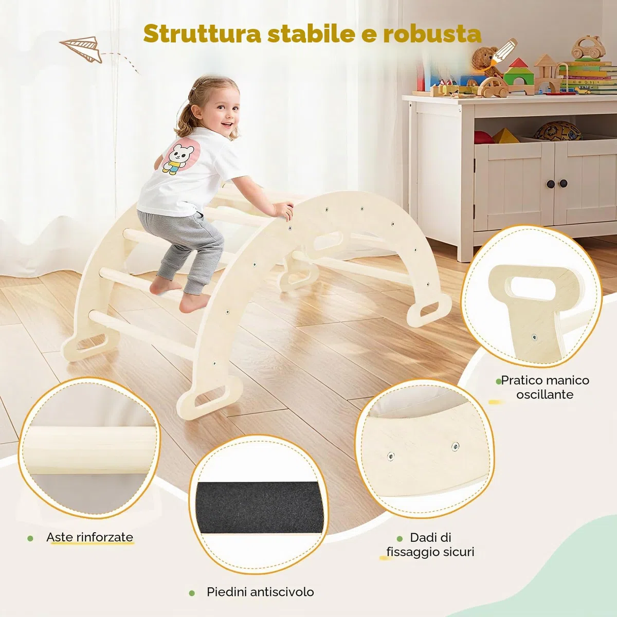 Arco da Arrampicata Montessori 2 in 1 con braccioli per bambini legno naturale cuscino tappetino antiscivolo 1-6 anni