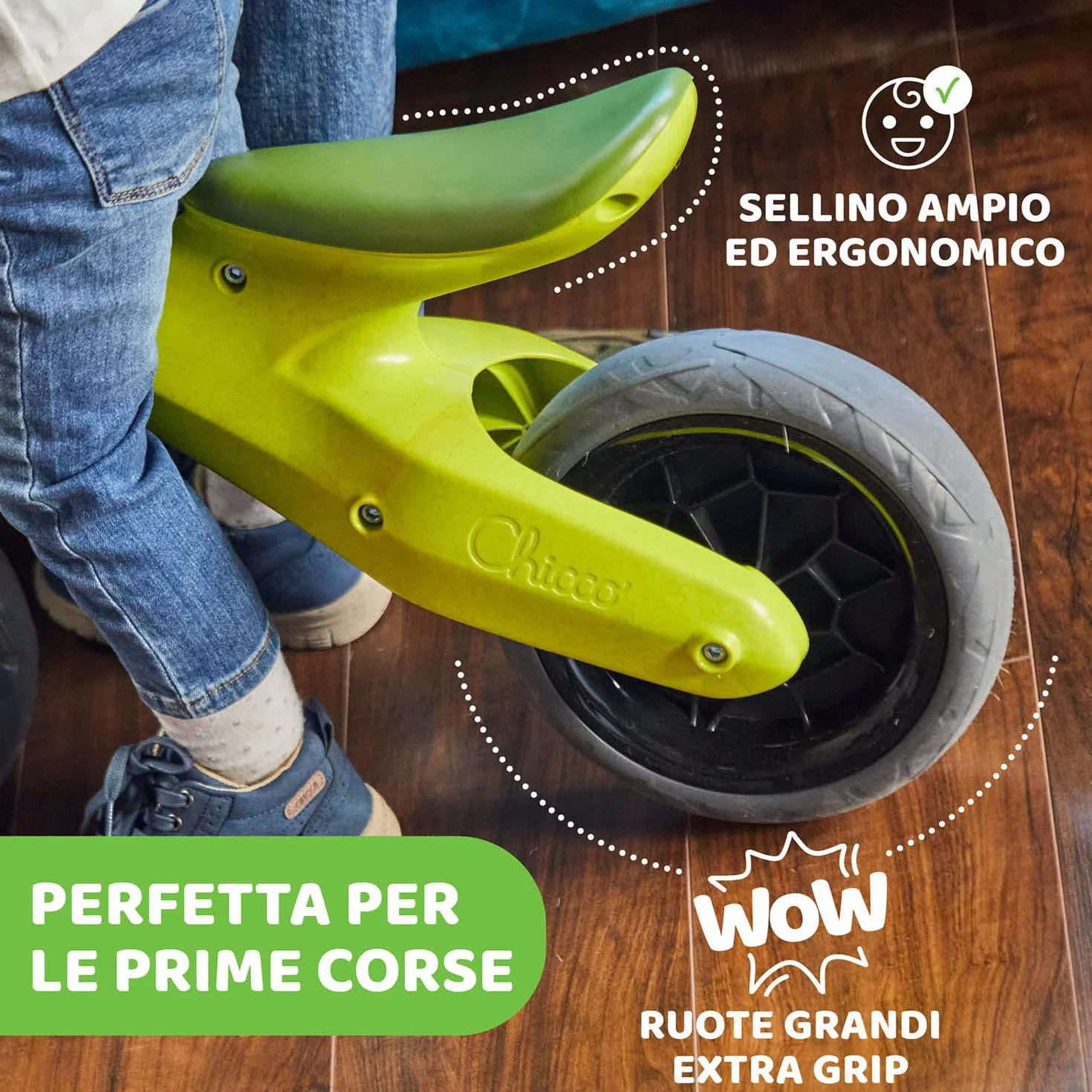 Chicco Balance Bike Eco+, Bici Bambini da 18 mesi a 3 anni (Fino a 25 kg), Bicicletta Senza Pedali per l'Equilibrio, Manubrio e Sellino Ergonomici, Ruote Antiforatura, 80% Plastica Riciclata