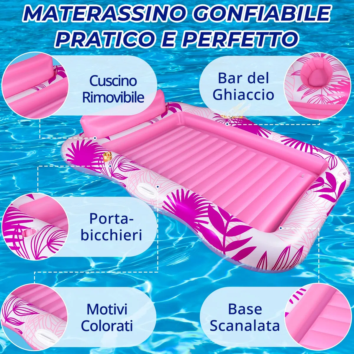 BuzzoXerex Materassino Gonfiabile Piscina Doppio Grande Adulti con Poggiatesta e Portabibite