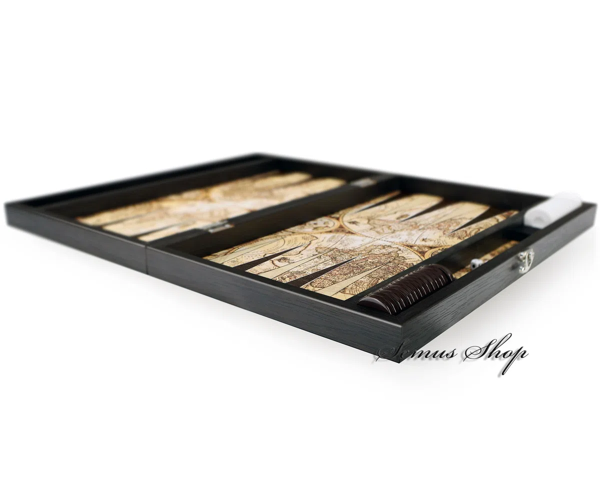 Trendy Backgammon Antique Map XXL – Gioco da tavolo pieghevole Backgammon in ecopelle antigraffio, 49 x 30 x 6 cm, con 30 pietre e 2 cubi – Marchio di qualità dalla Turchia