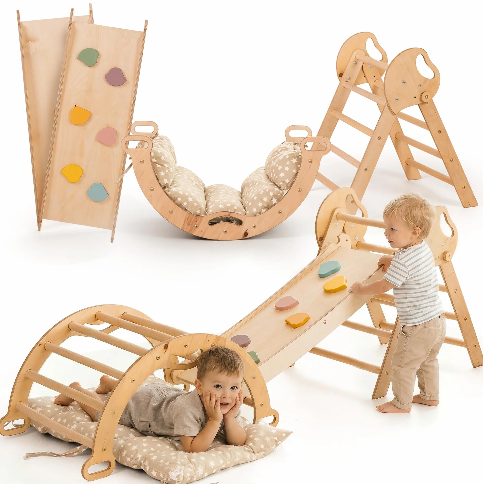 Goodevas 5-in-1 Telaio da Arrampicata per Bambini - Scala a Triangolo, Arco per Arrampicata, Balance Board e Cuscino, Telaio da Arrampicata Montessori, Palestra in Legno per Bambini da 1 a 3 Anni