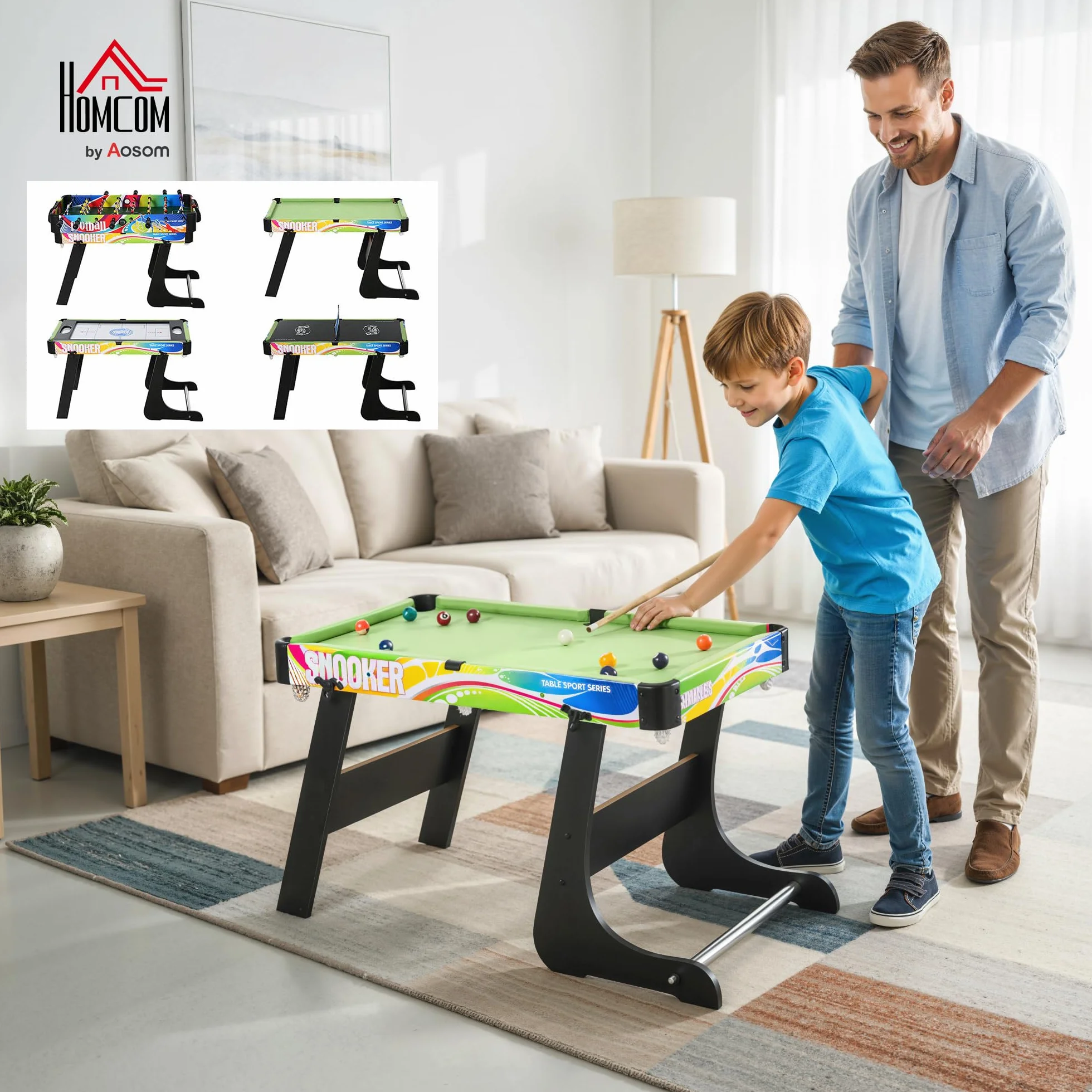 HOMCOM Tavolo da Gioco 4 in 1 per Calcio-Balilla, Biliardo, Air Hockey e Ping Pong con Accessori Inclusi, Tavolo Multigioco Pieghevole in MDF e Plastica, Multicolore