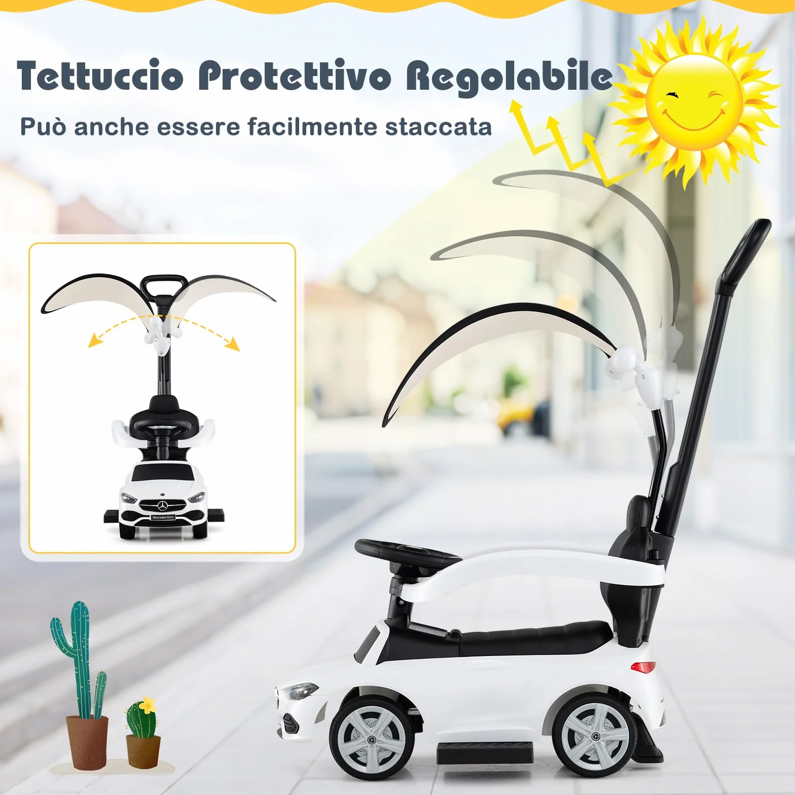COSTWAY 3 in 1 Auto a Spinta, Mercedes-Benz Macchina Cavalcabile, con Schienale Regolabile Suono Barra di Spinta e Tettuccio, per Bambini 18-36 Mesi (Bianco)