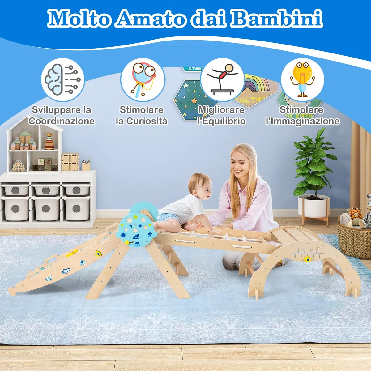 COSTWAY Set da Arrampicata in Legno per Bambini, Giocattoli Montessori 8 in 1 con Triangolo Arco Rampa e Corda, Naturale