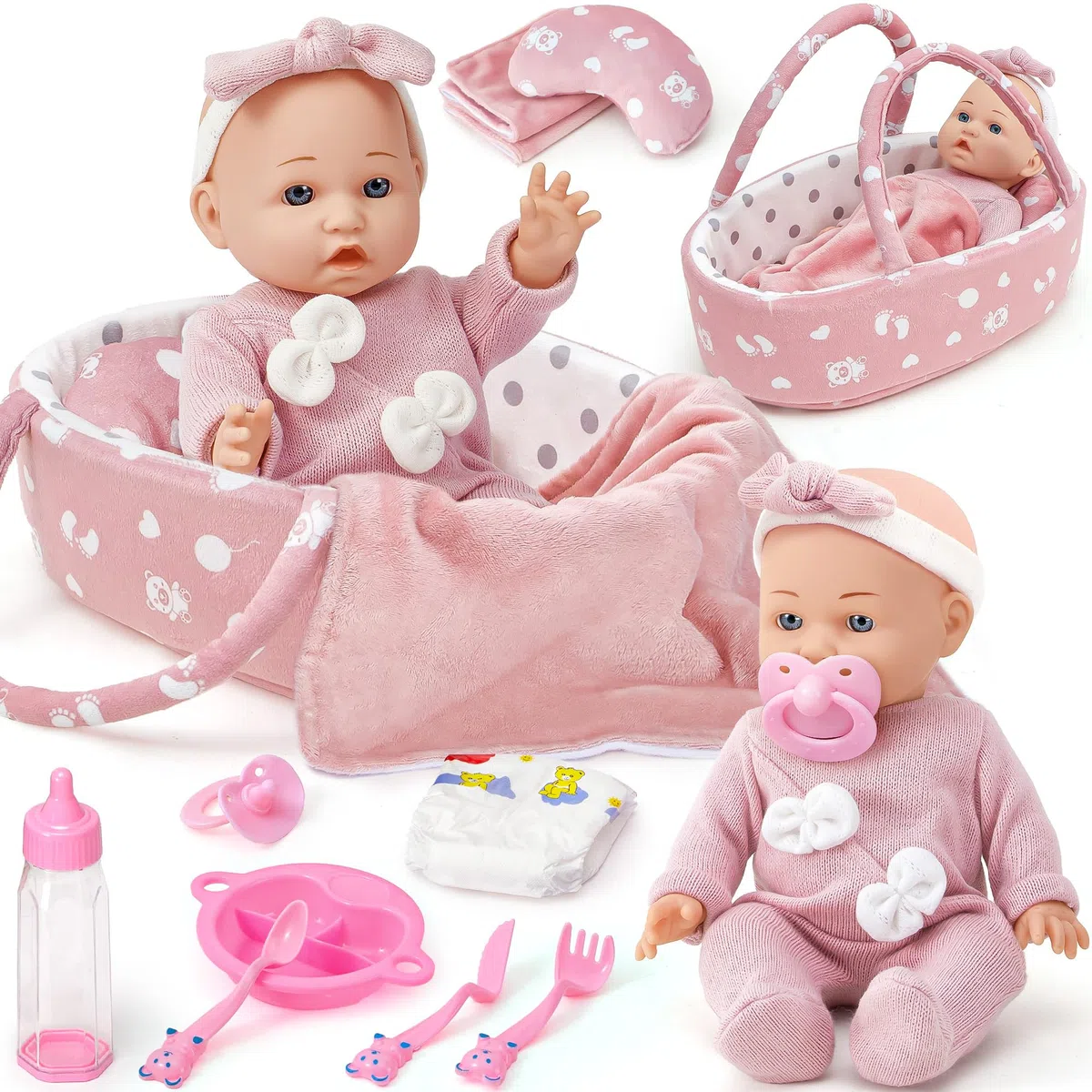 vamei Accessori per Bambola Reborn Femmina, Letto Portatile per Bambole con Vestiti per Bambole & Pannolini per Bambola Bambina & Borsa Fasciatoio & Biberon & Ciuccio, Regalo per Bambina 2 3 4 5 anni