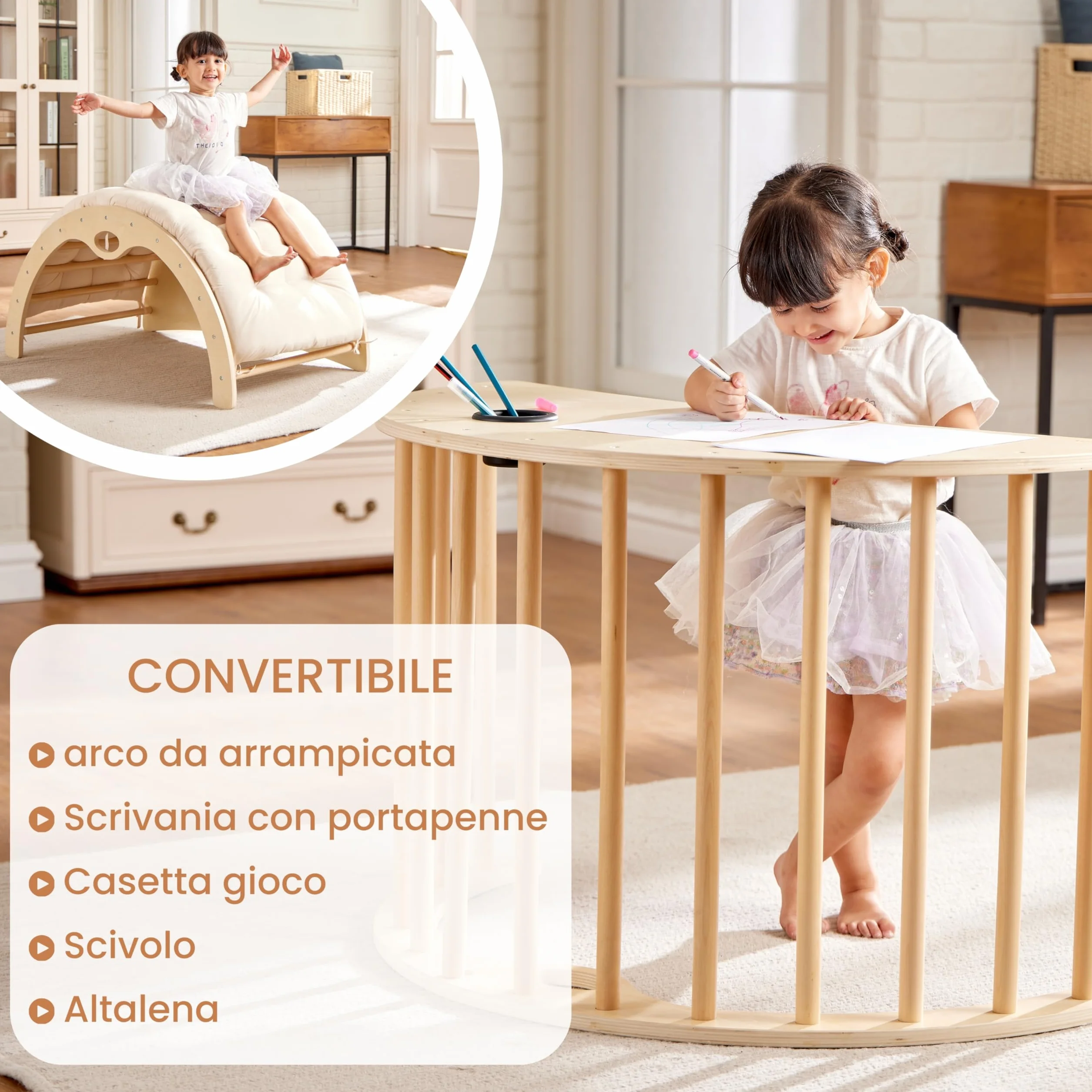 Arco da Arrampicata Montessori per Bambini - Giocattolo Educativo per capacità Motorie - Dondolo, Scivolo, Tavolo da Gioco - Ideale per Interni ed Esterni