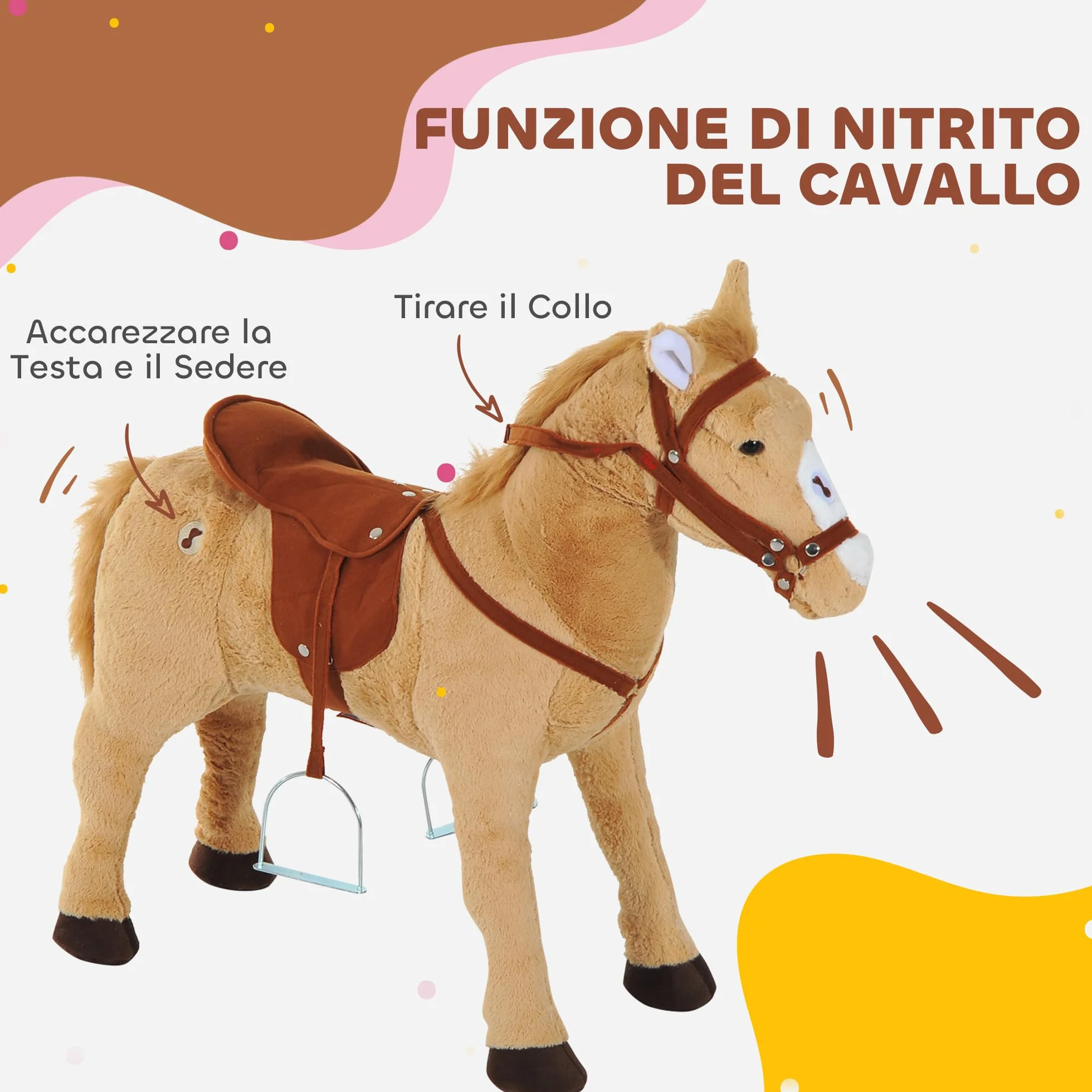 HOMCOM Cavallo Giocattolo con Sella, Briglie e Poggiapiedi, Cavallo Cavalcabile in Peluche, Metallo e Cotone PP, 85x28x60 cm, Beige