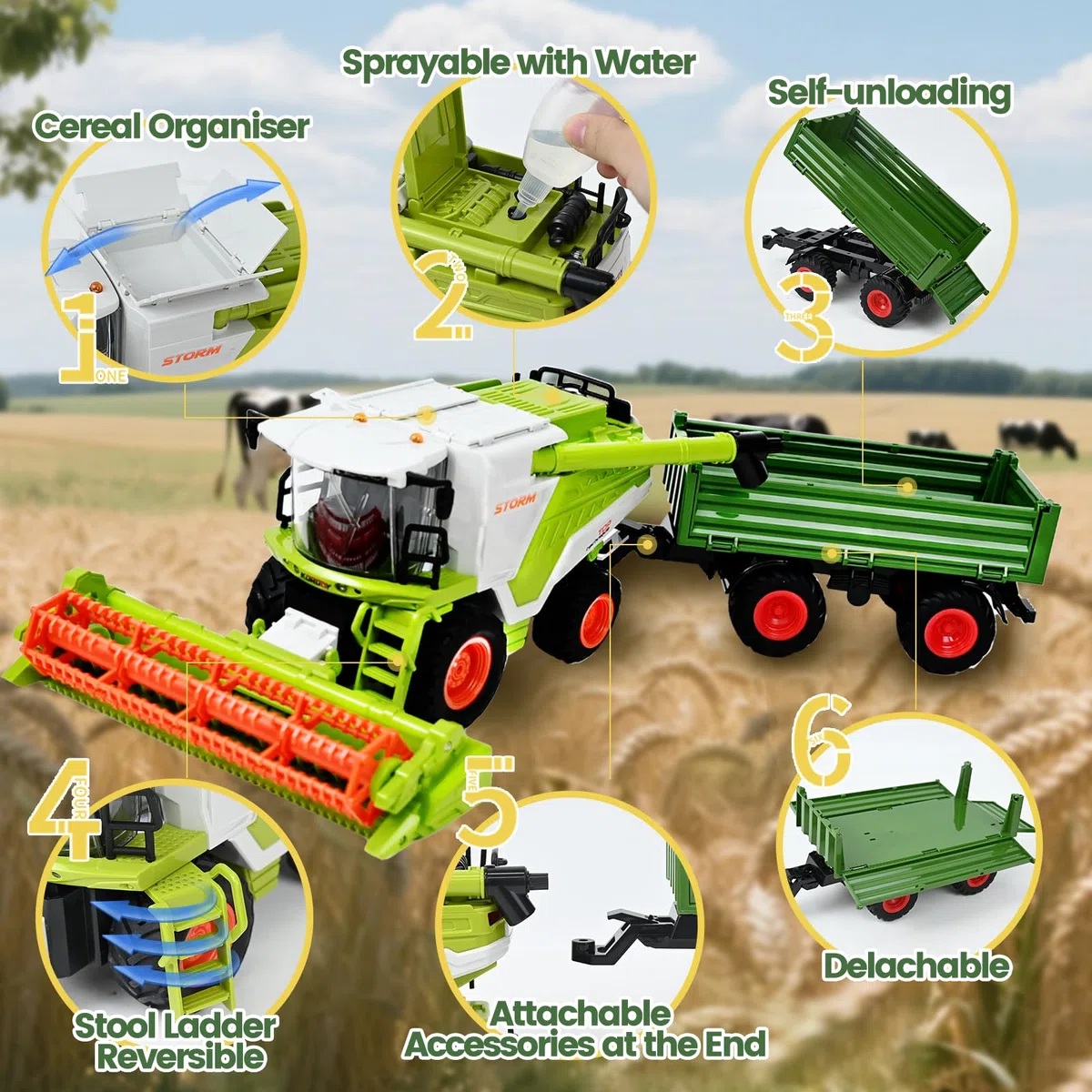 Joellfuner Mietitrebbia Telecomandata, RC Trattore Telecomandato, Mietitrice con Funzione Luce Suono e Spray, Trattore Agricolo Include Rimorchio, Giocattoli da Collezione per Bambini dai 3 Anni