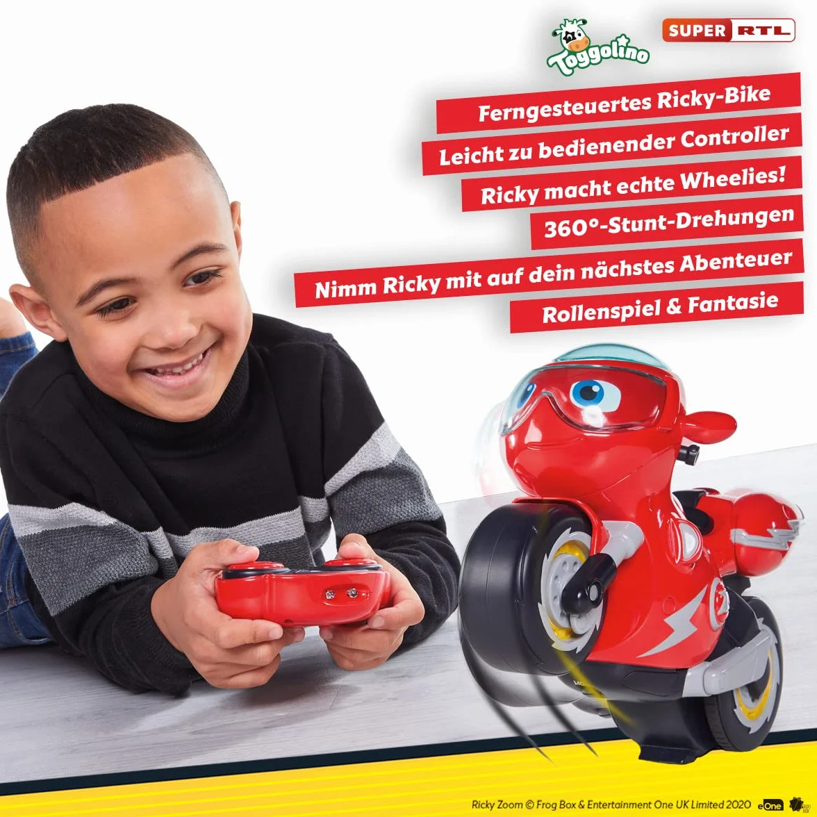 RC Turbo Trick Ricky, la moto acrobatica con telecomando fa ruote e sbalorditivi a 360 gradi, Ricky Zoom offre avventure perfette per i bambini in età prescolare e gli appassionati della serie!