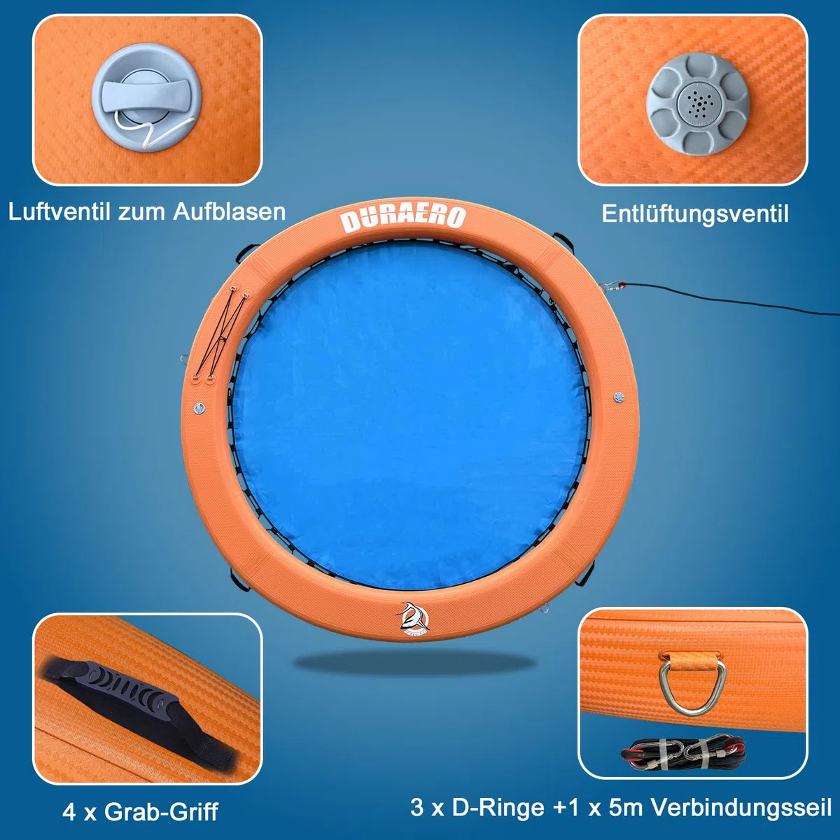 Amaca Gonfiabile ad Acqua Rotonda 245cm – Isola Galleggiante in PVC Drop-Stitch per 2–6 Persone, Piattaforma da Nuoto per Lago e Piscina, Lettino Galleggiante con Rete, Corda, Ganci e Maniglie